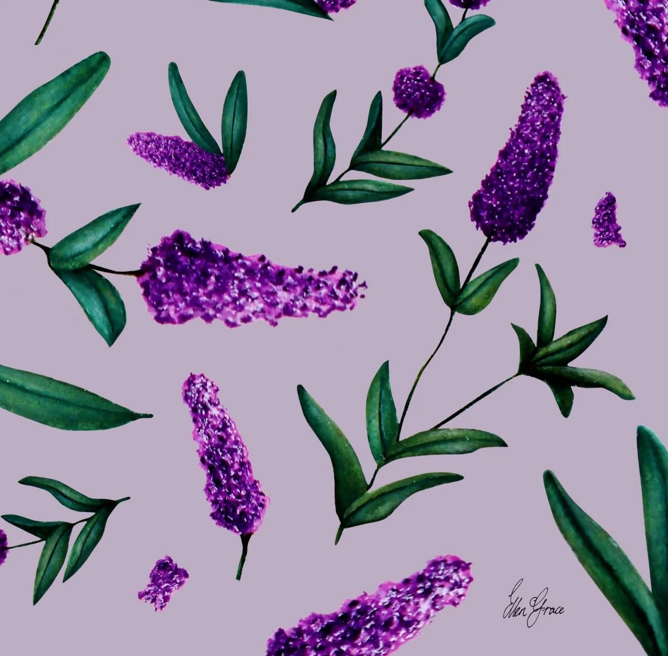 Close up of hand-painted lavender artwork showing purple flower spikes and green leaves scattered across a soft lilac background.
