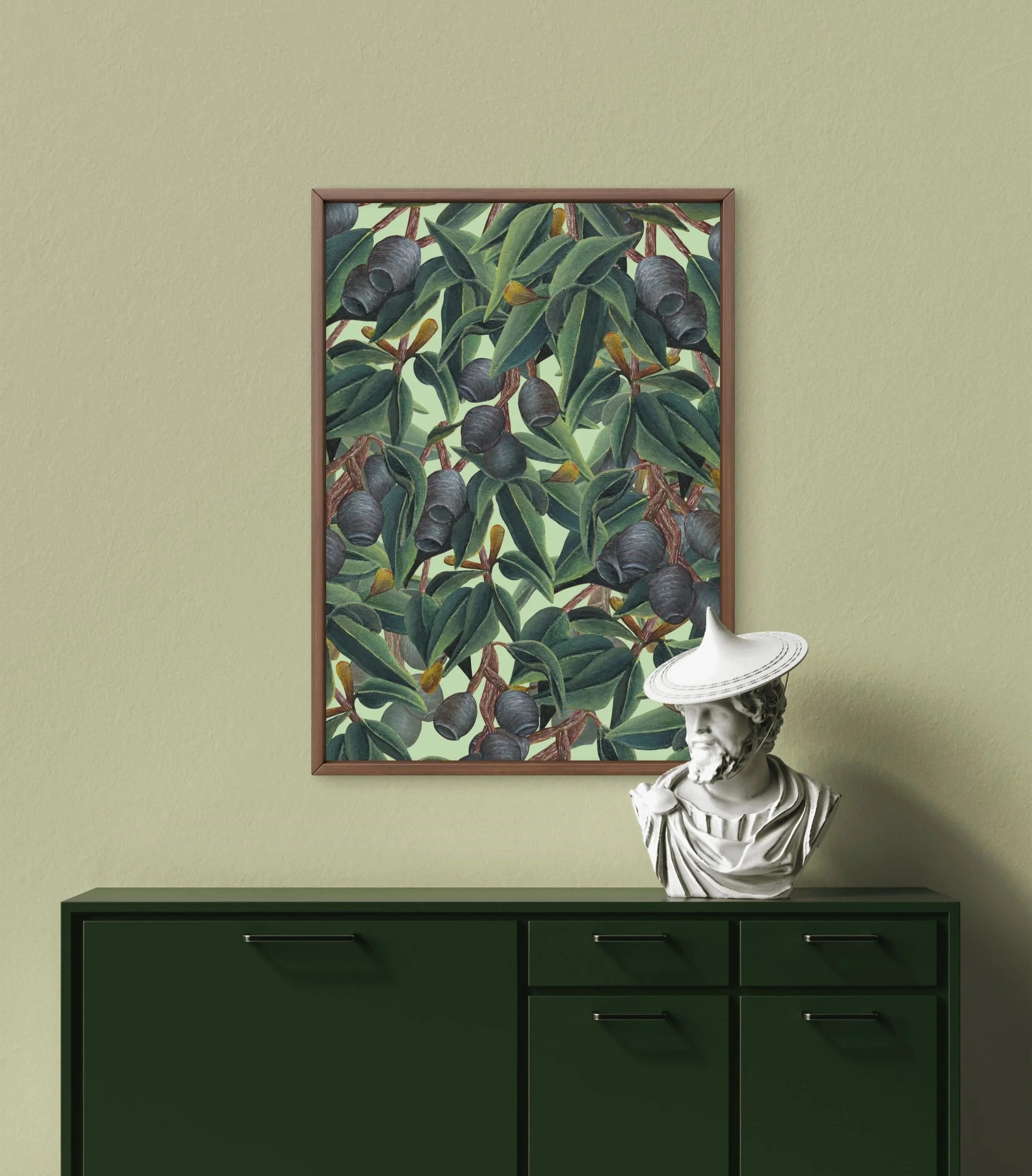 Framed fine art print of hand-painted Australian eucalyptus foliage artwork featuring gum leaves and seed pods arranged in a seamless botanical pattern.