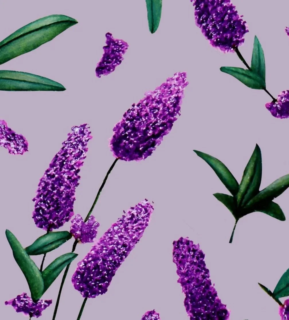 Close up of hand-painted lavender artwork showing purple flower spikes and green leaves scattered across a soft lilac background.