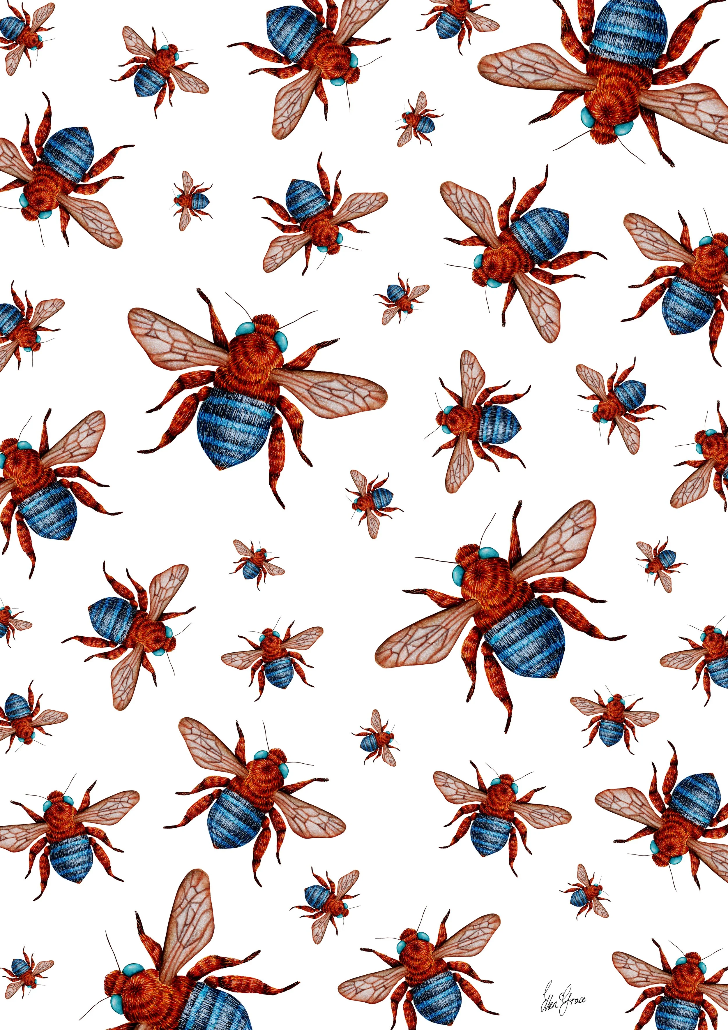 Hand-painted bee artwork showing detailed bees with blue-banded bodies and translucent wings scattered across a white background.