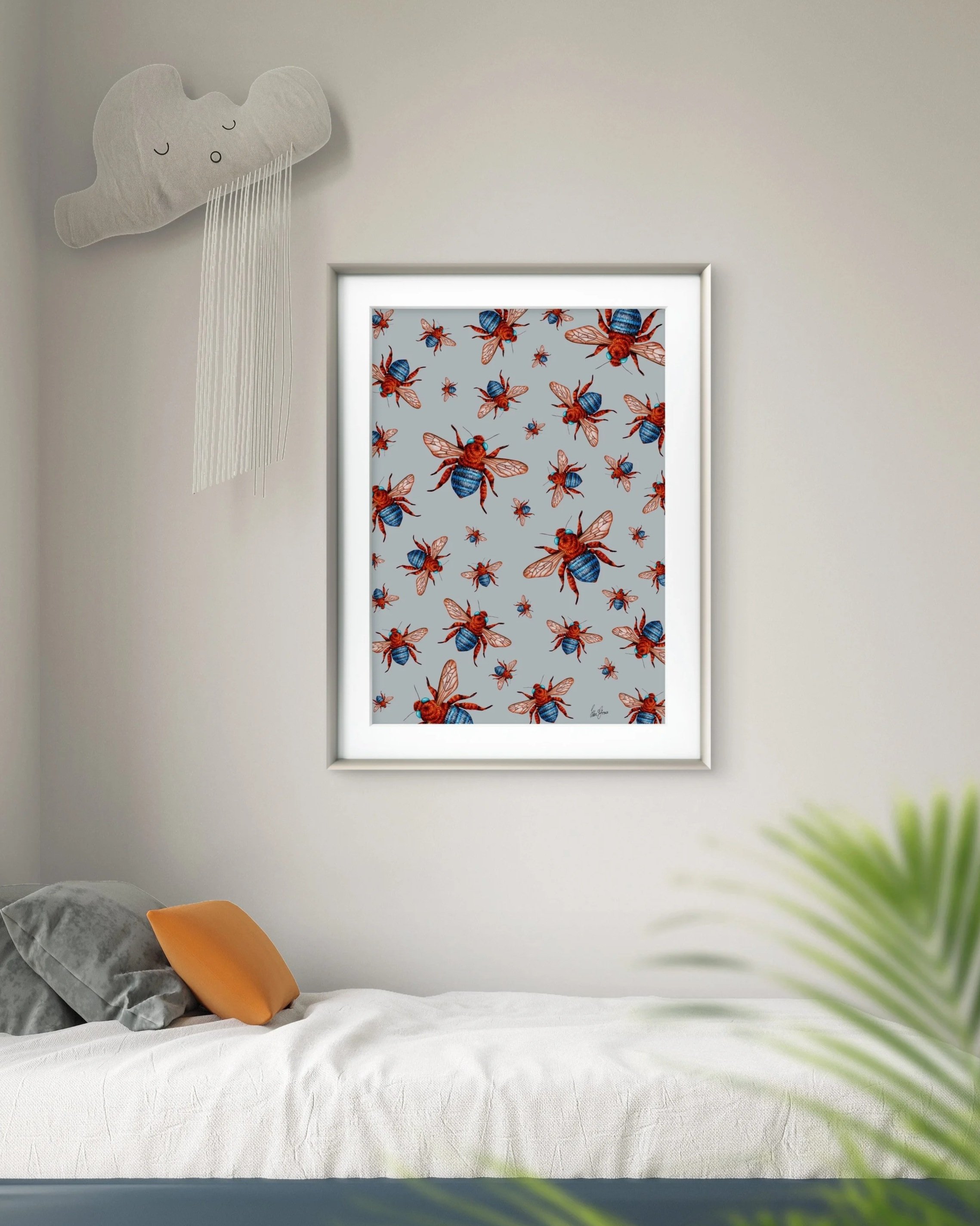 Bees Everywhere on Sky Blue – Fine Art Print