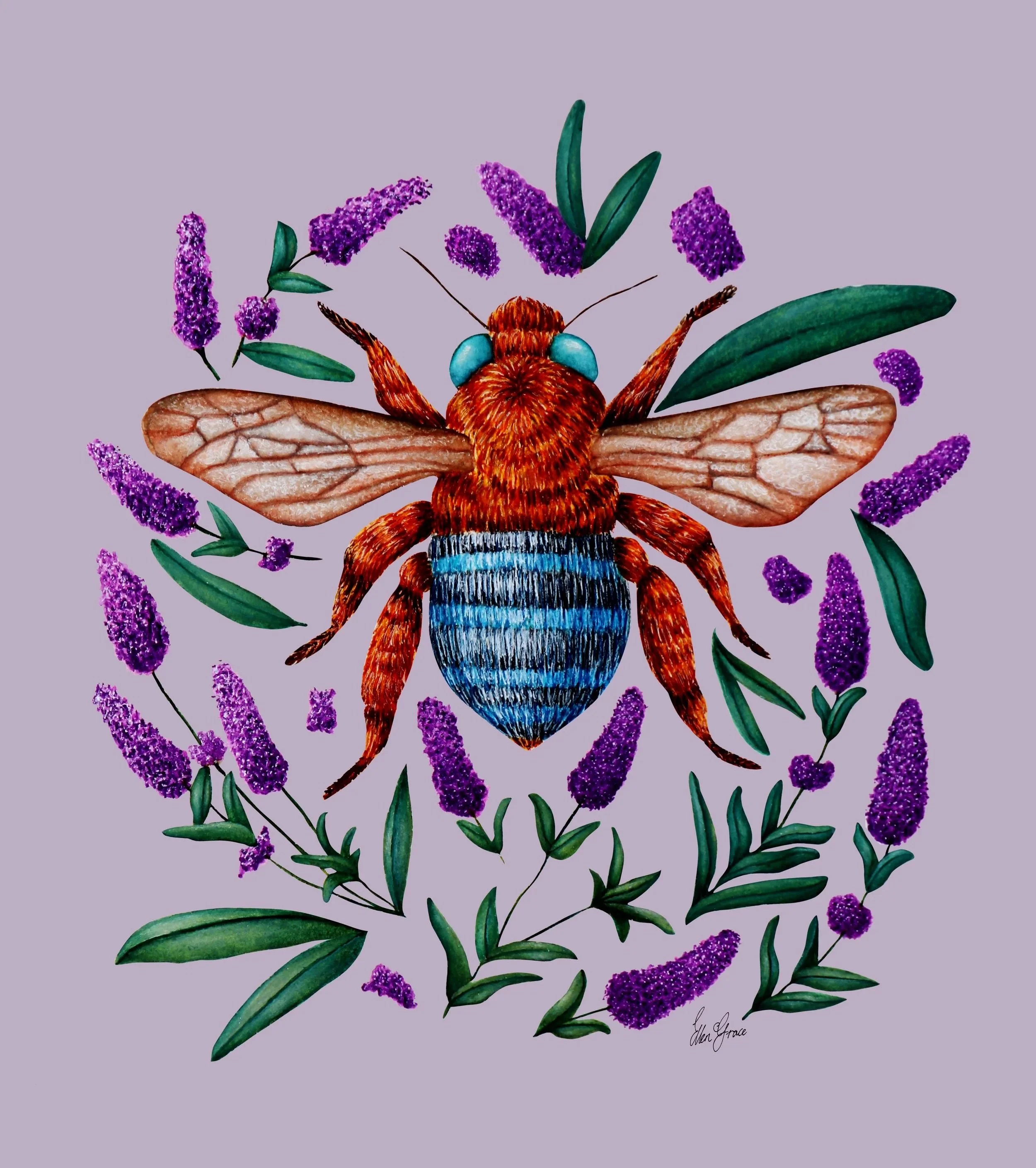 Detailed illustration of a bee surrounded by lavender flowers and green leaves on a soft lavender background.