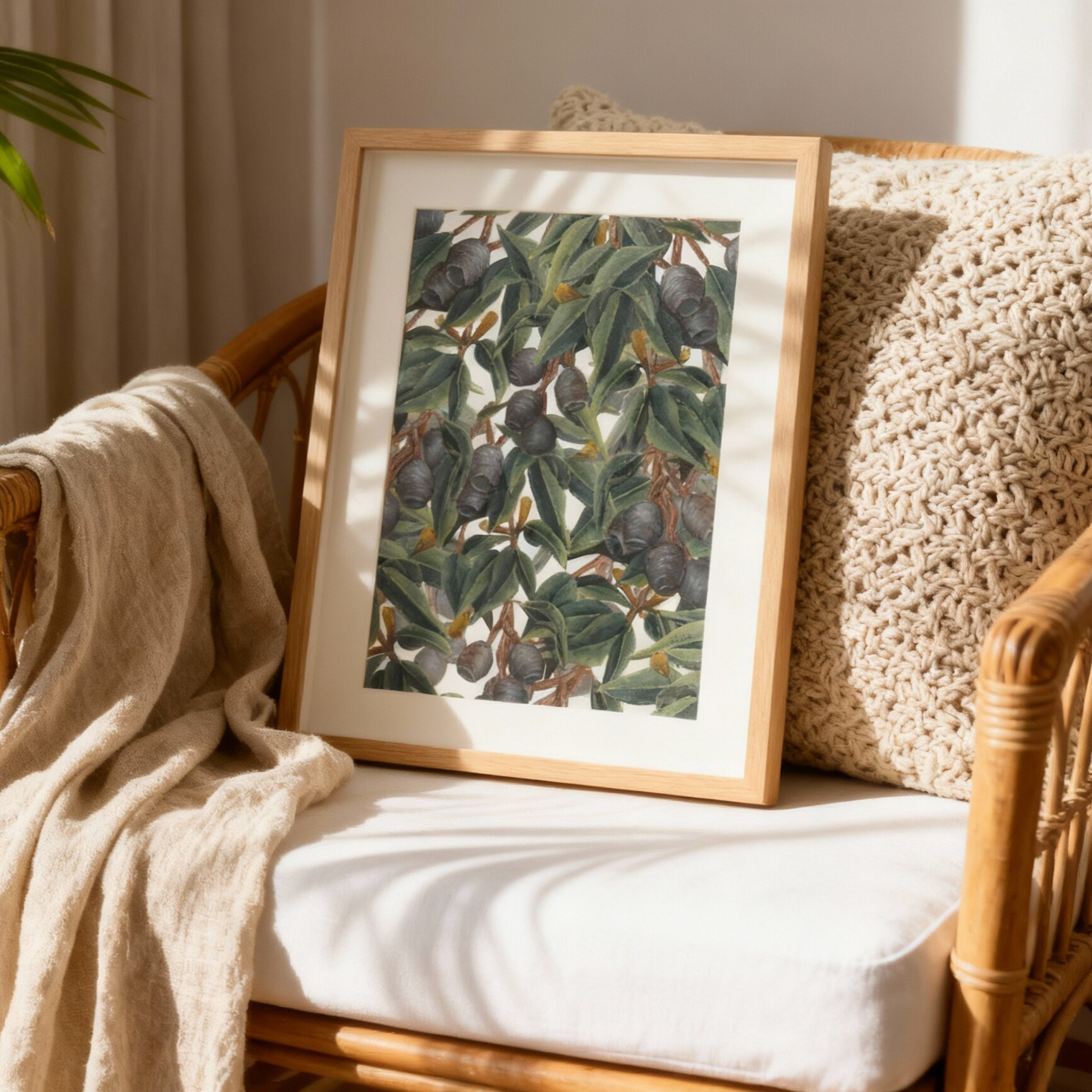 Framed botanical illustration of eucalyptus leaves and gumnuts arranged in a foliage pattern.