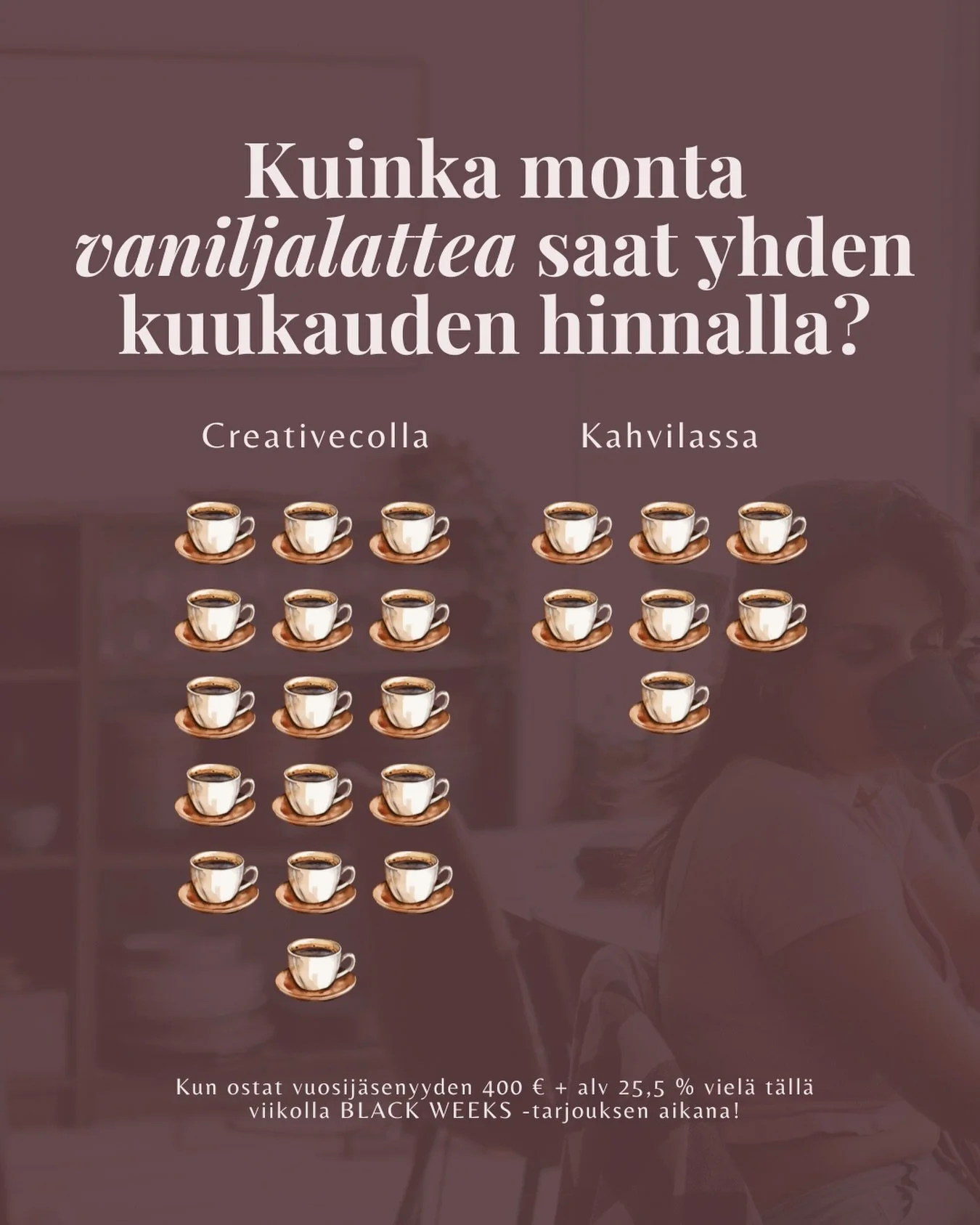 Girl math &mdash; s&auml;&auml;st&auml;t about 50 euroa kuukaudessa ostamalla meid&auml;n j&auml;senyyden nyt 🥰 

Kahvilassa on ihanaa ty&ouml;skennell&auml;, mutta useat spessukahvit kuluttavat aika nopeasti pankkitili&auml; 💸

Onneksi meill&auml;