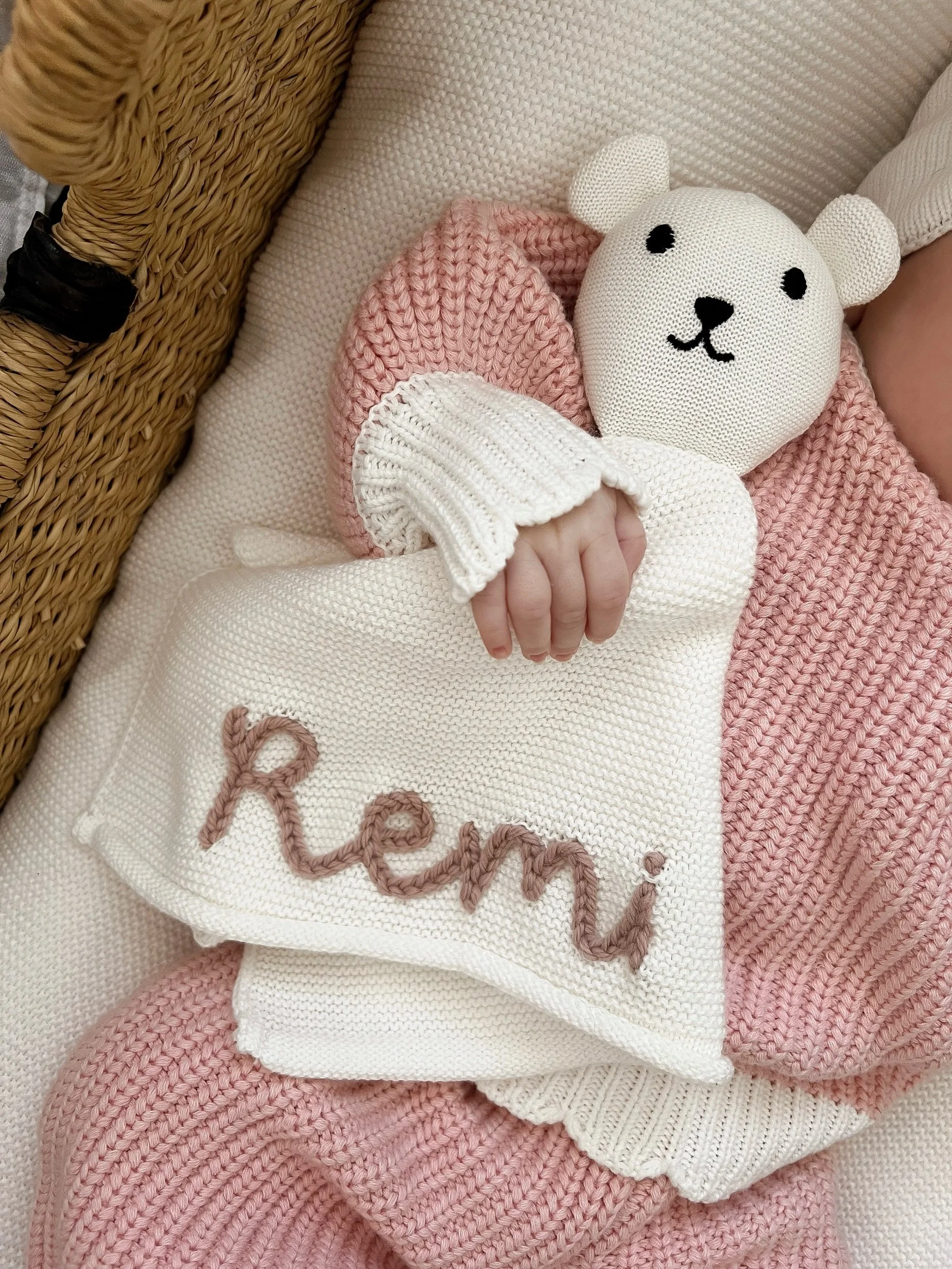 Knit Embroidered Bear Comforter - Milk