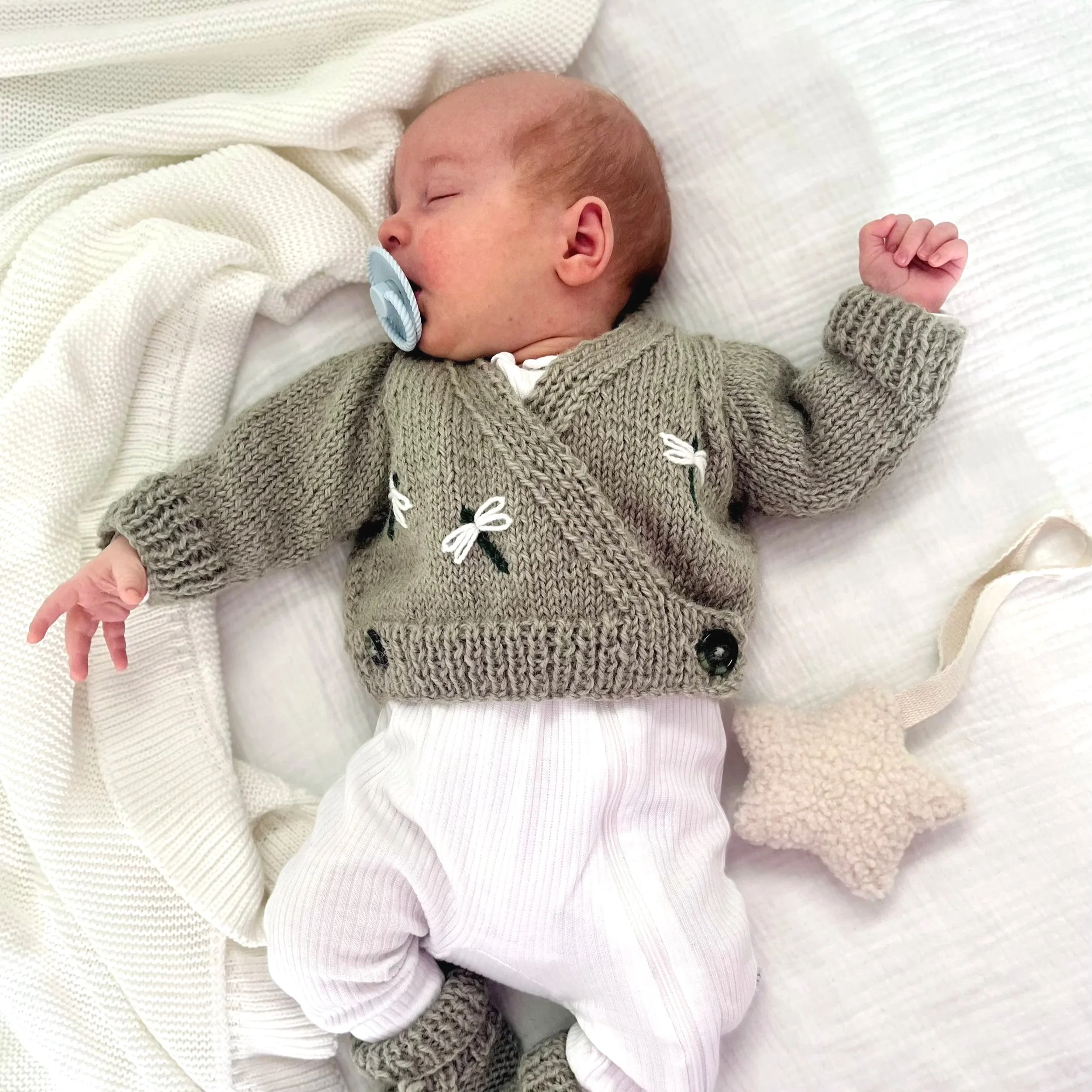 Heirloom hand knitted Embroidered Cardigan - Green Tea