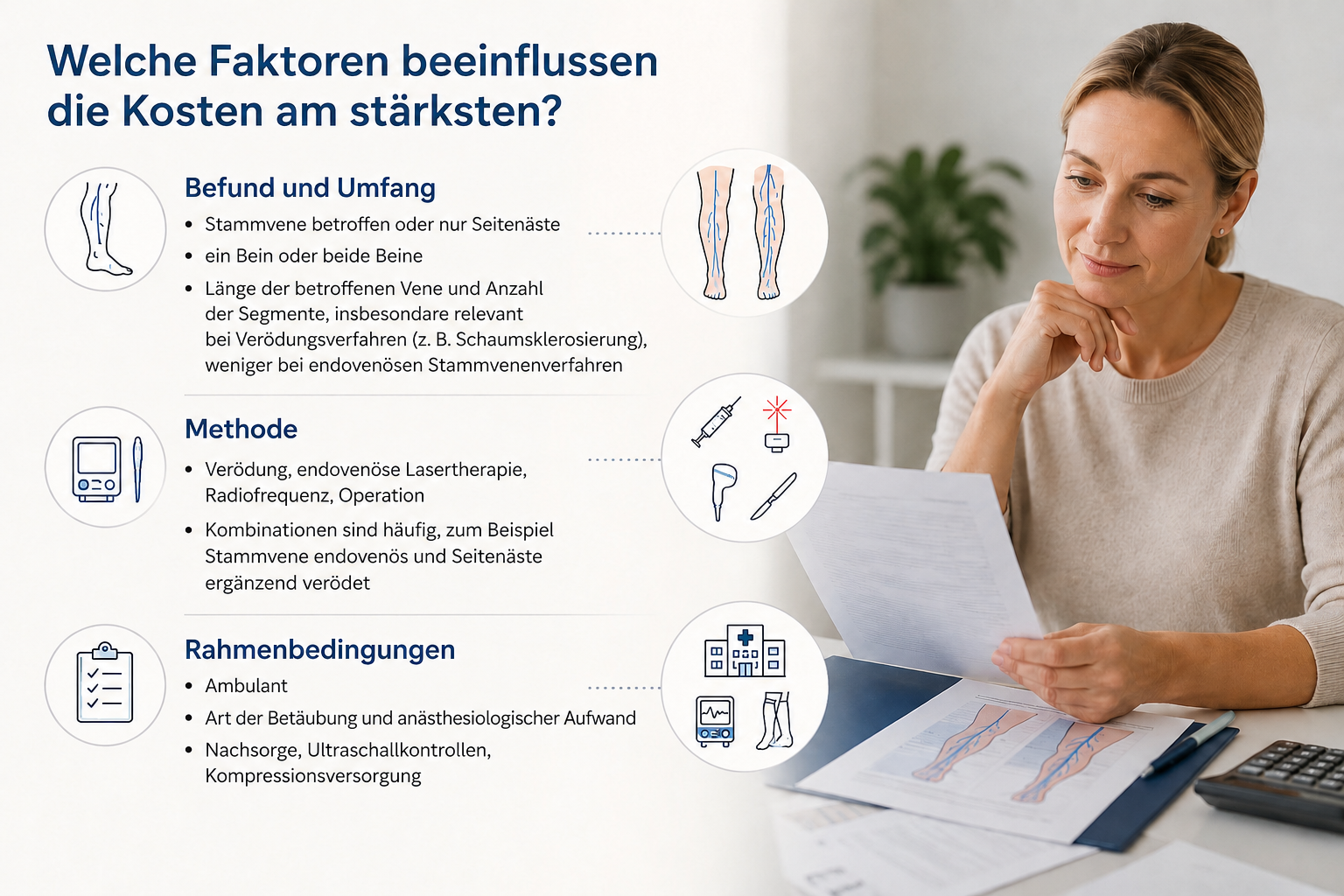 Patientin prüft Unterlagen zur Krampfaderbehandlung. Die Abbildung zeigt wichtige Faktoren, die die Kosten beim Entfernen von Krampfadern beeinflussen, darunter Befund, Behandlungsmethode, Nachsorge und Ultraschallkontrollen.