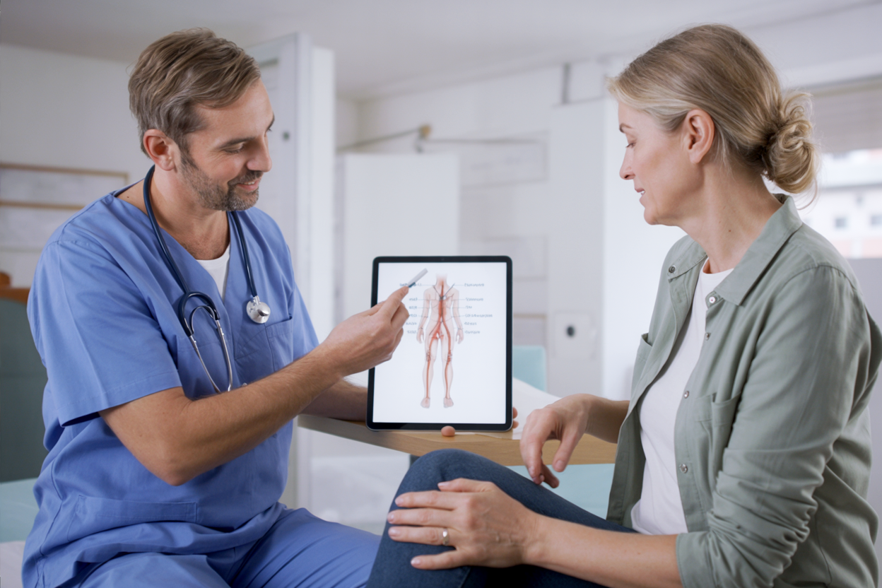 Krampfadern veröden: ärztliche Beratung zur Sklerotherapie mit verständlicher Erklärung des Verfahrens