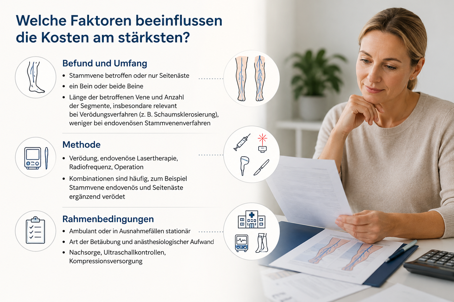 Patientin prüft Unterlagen zur Krampfaderbehandlung. Die Abbildung zeigt wichtige Faktoren, die die Kosten beim Entfernen von Krampfadern beeinflussen, darunter Befund, Behandlungsmethode, Nachsorge und Ultraschallkontrollen.