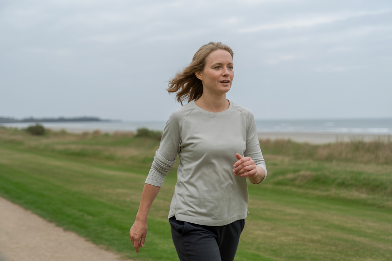 Frau beim zügigen Gehen an der Kieler Förde