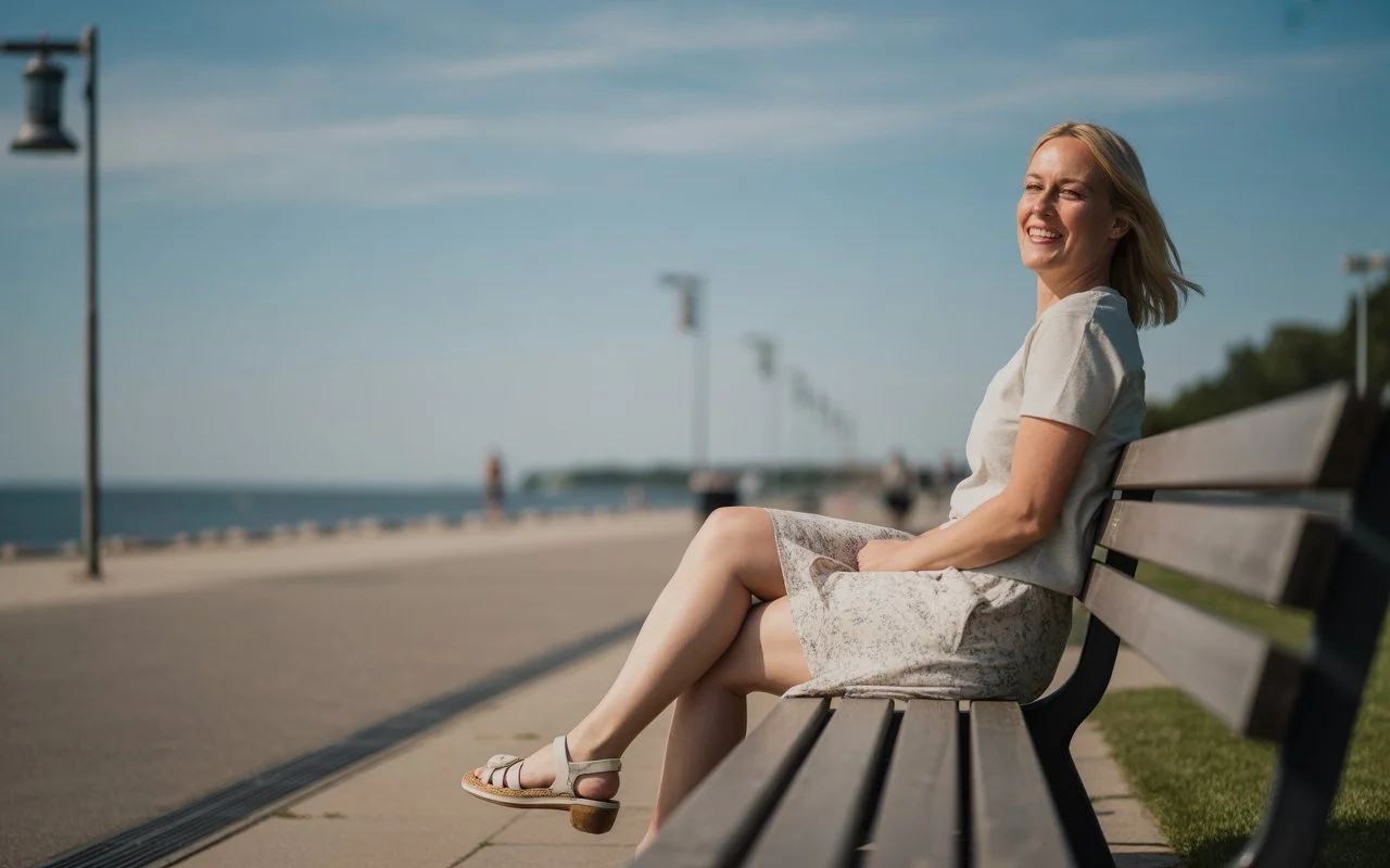 Frau mit gesunden Beinen nach erfolgreicher Venentherapie spaziert an der Kieler Förde.