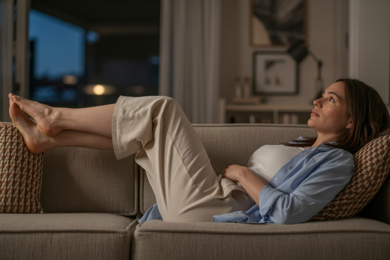 Frau mit schmerzenden Beinen lagert abends die Beine hoch, um venösen Rückstau und Venenschmerzen zu lindern.