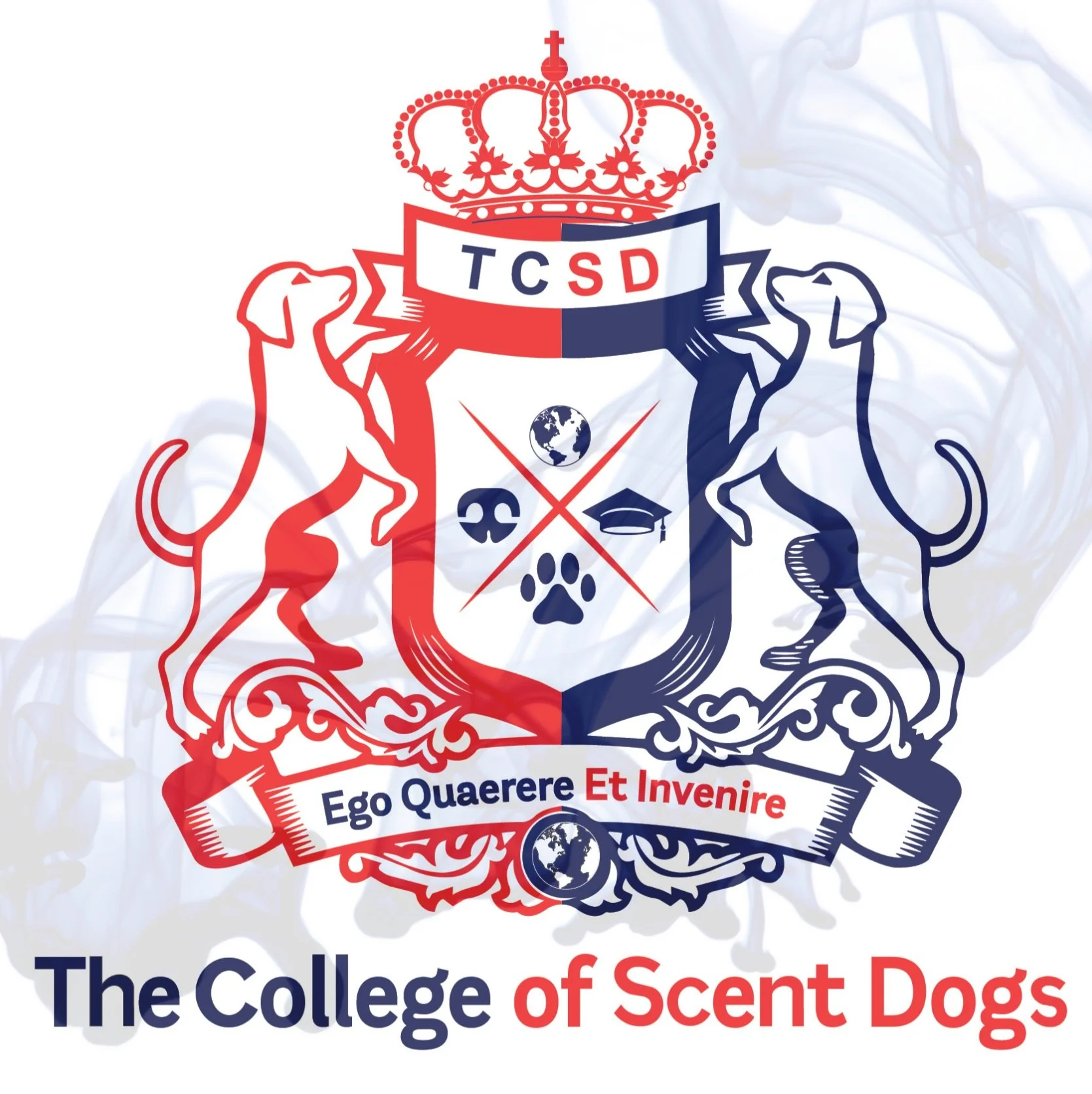 A crest featuring two dogs, a globe, a skull, a graduation cap, and a paw print, with a crown on top, and a banner at the bottom reading 'Ego Quaerere Et Invenire', with the text 'The College of Scent Dogs' below.