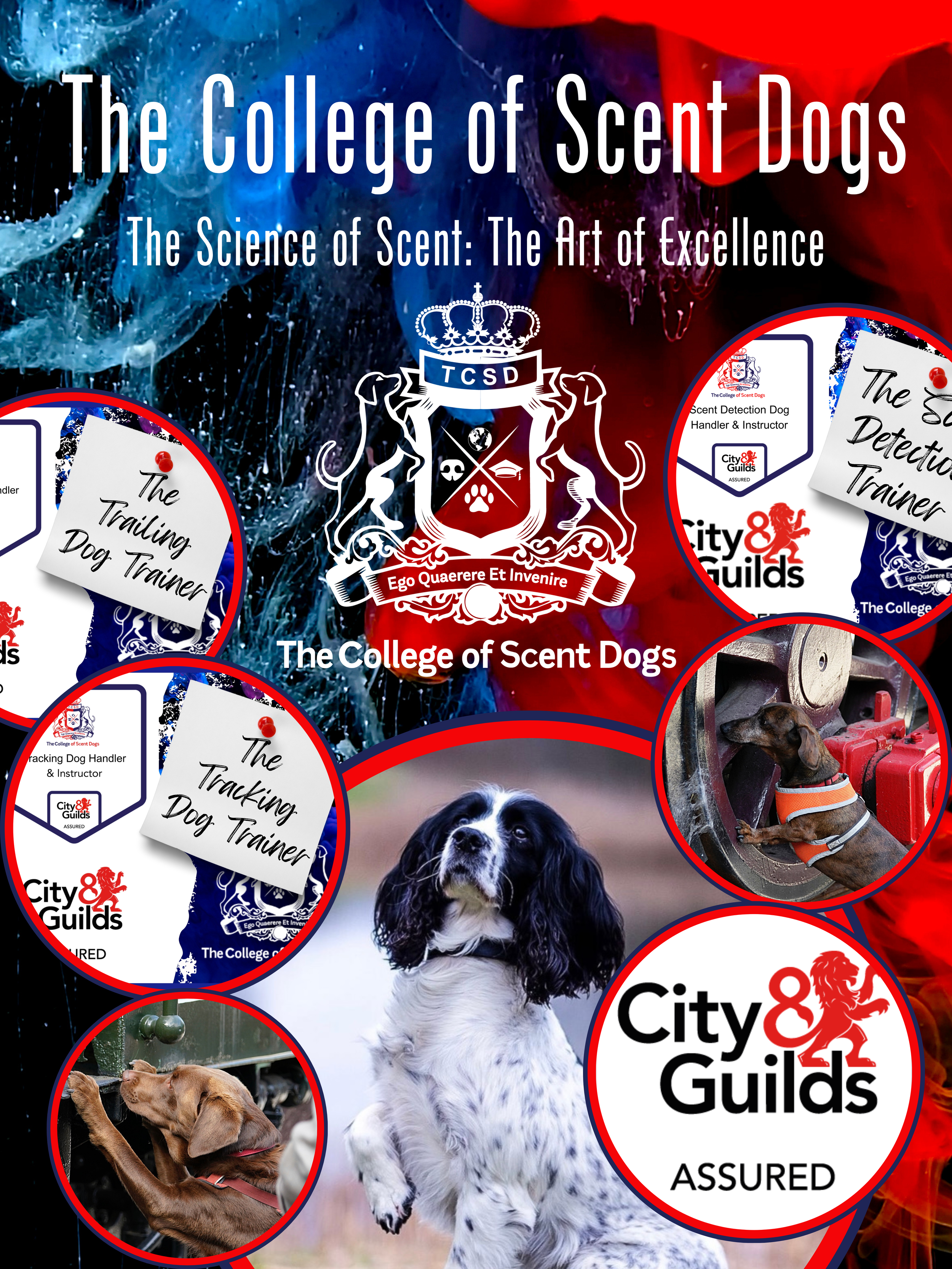 Promotional poster for The College of Scent Dogs, featuring images of trained scent detection dogs, logo of City & Guilds, and slogans about scent training.