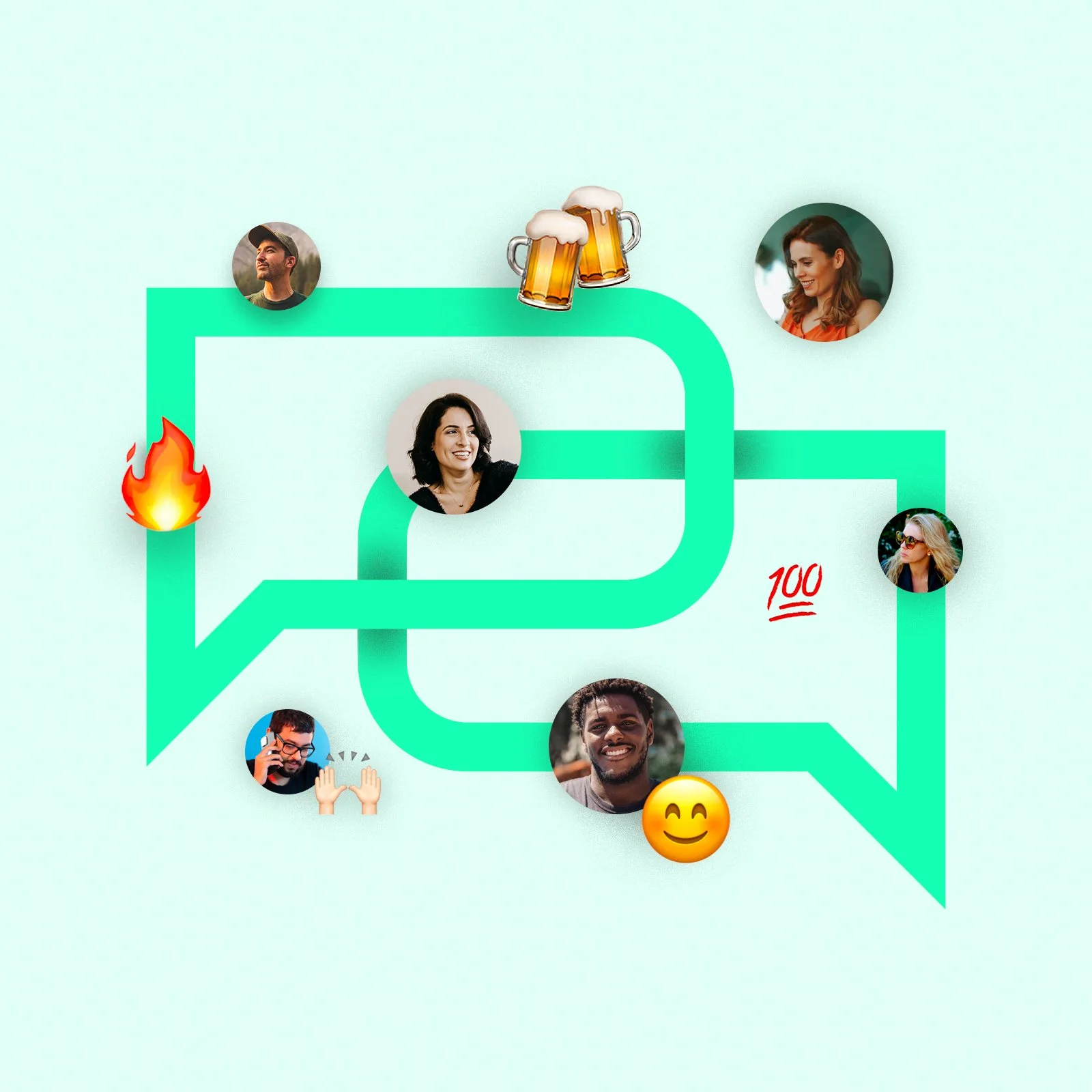 Two interlocked speech bubble icons which depicts teamwork. Around the interlocking speech bubble there are a range emojis ranging from a smiling face, raised hands, beer glasses. Multiple photos of people dotted around too, demonstrating teamwork
