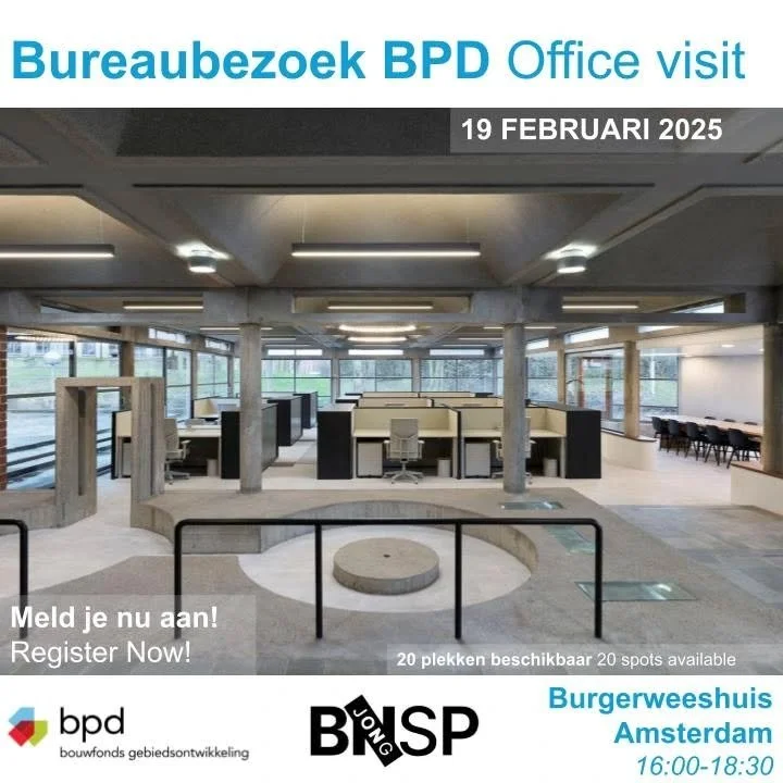Jong BNSP Bezoekt BPD

(English Below)

Op woensdag 19 februari krijgen we van 16:00 tot 18:30 een uniek kijkje in de keuken bij BPD Bouwfonds Gebiedsontwikkeling in Amsterdam in het monumentale Burgerweeshuis. 
Altijd al benieuwd geweest naar hoe ee