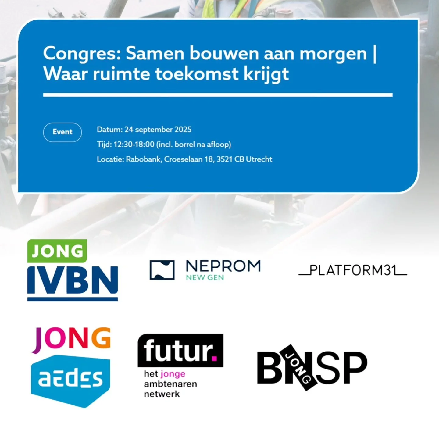 Op 24 september 2025 organiseren de jong verenigingen in de ruimtelijke sector van Nederland een gezamenlijk congres. Het belooft een boeiende middag te worden met debat, een keynote, deelsessies en natuurlijk een netwerkborrel. Dit allemaal centraal