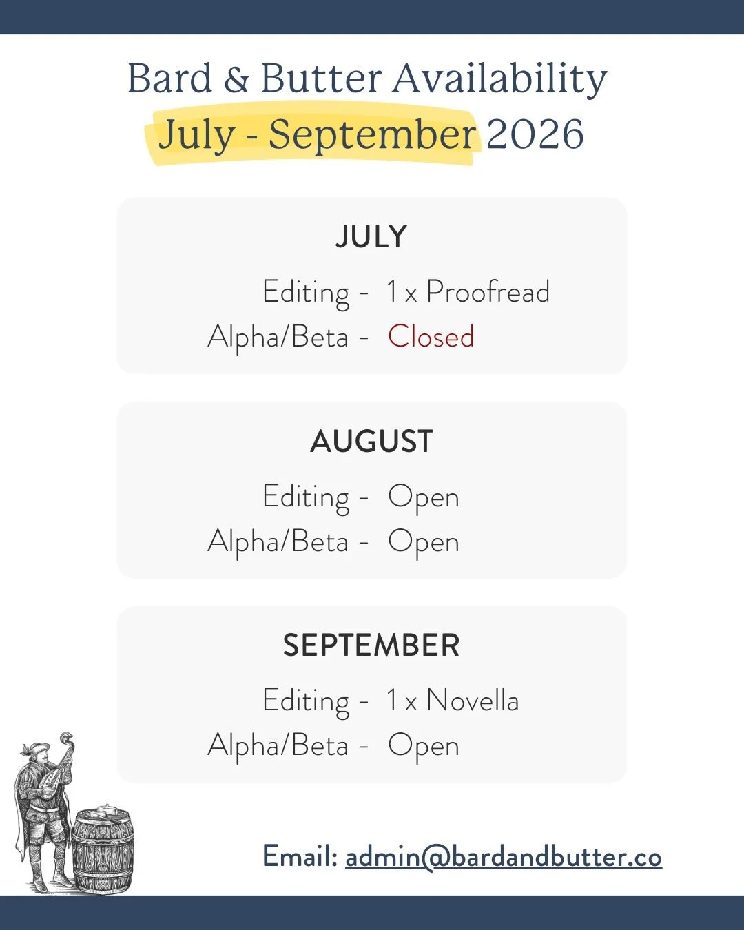 Looking to get your book edited in the second half of the year? Bard &amp; Butter is at your service! 

We are a small copyediting and reader services business that specialises in Fantasy, Science Fiction and Romance (yes, even the spicy kind).

Slot