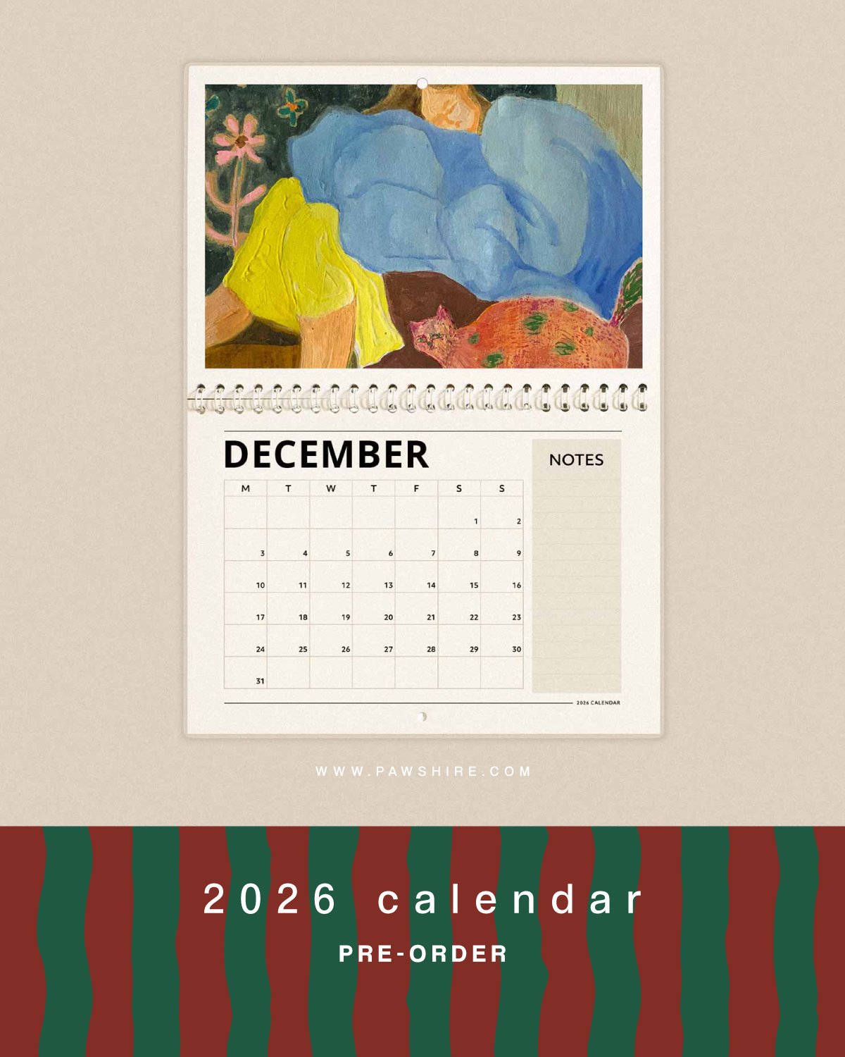 A little sneak peak inside Pawshire's 2026 artworks calendar ☃︎🎄

Available in A4 and A5

❆ Paper with wire-o binding
❆ 300gsm paper (8.8oz/yd) 
❆ Silk finish

PRE-ORDER here ⋆☃︎‧ pawshire.com/stationery/p/2026-calendar