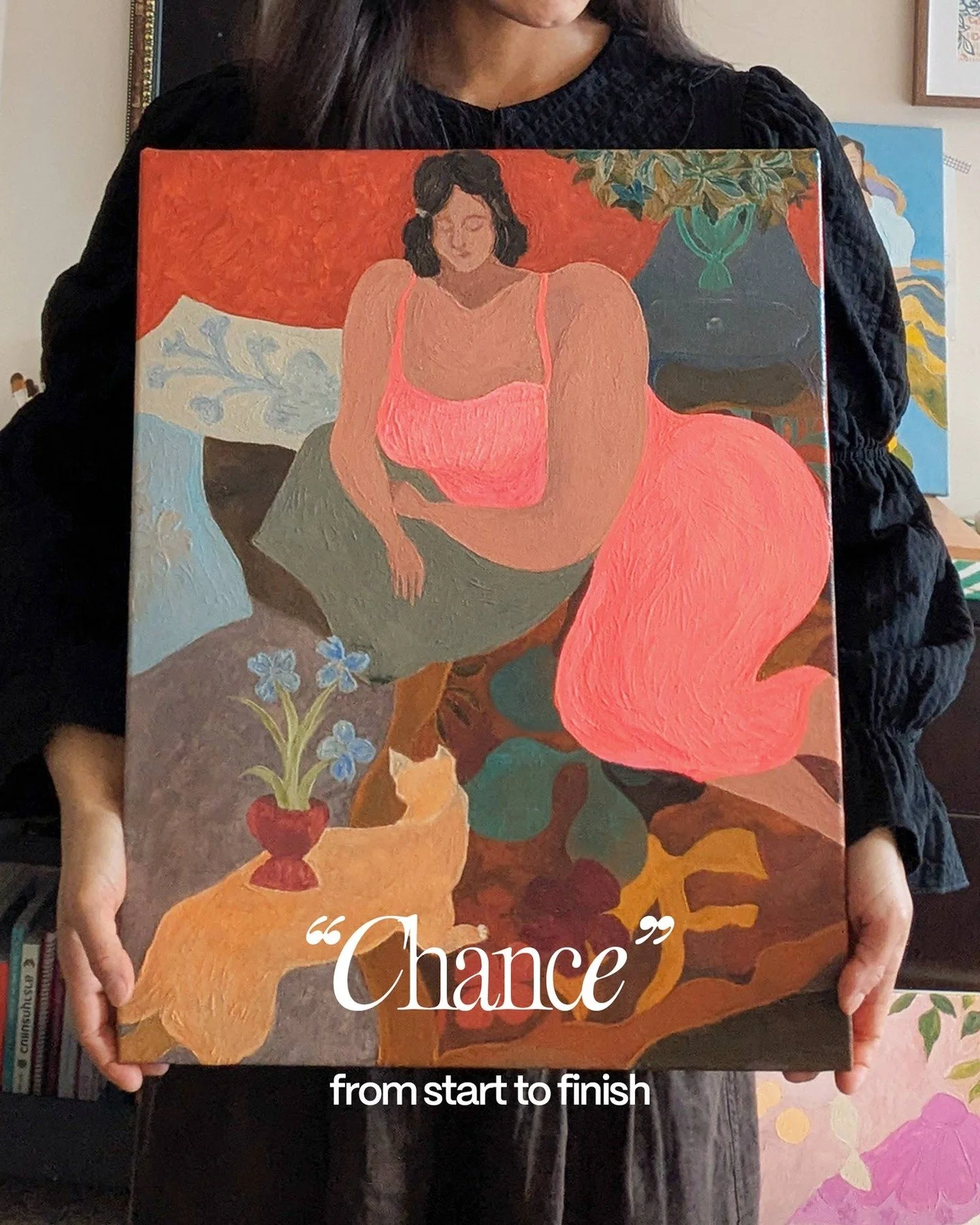 A cat, a quiet scene, four petal flowers that appear like a small sign.
Chance is elusive, and only becomes real when you pay attention.

CHANCE
40 &times; 50 cm
Acrylic on canvas

The painting is now available.
For early access to new work, join my 