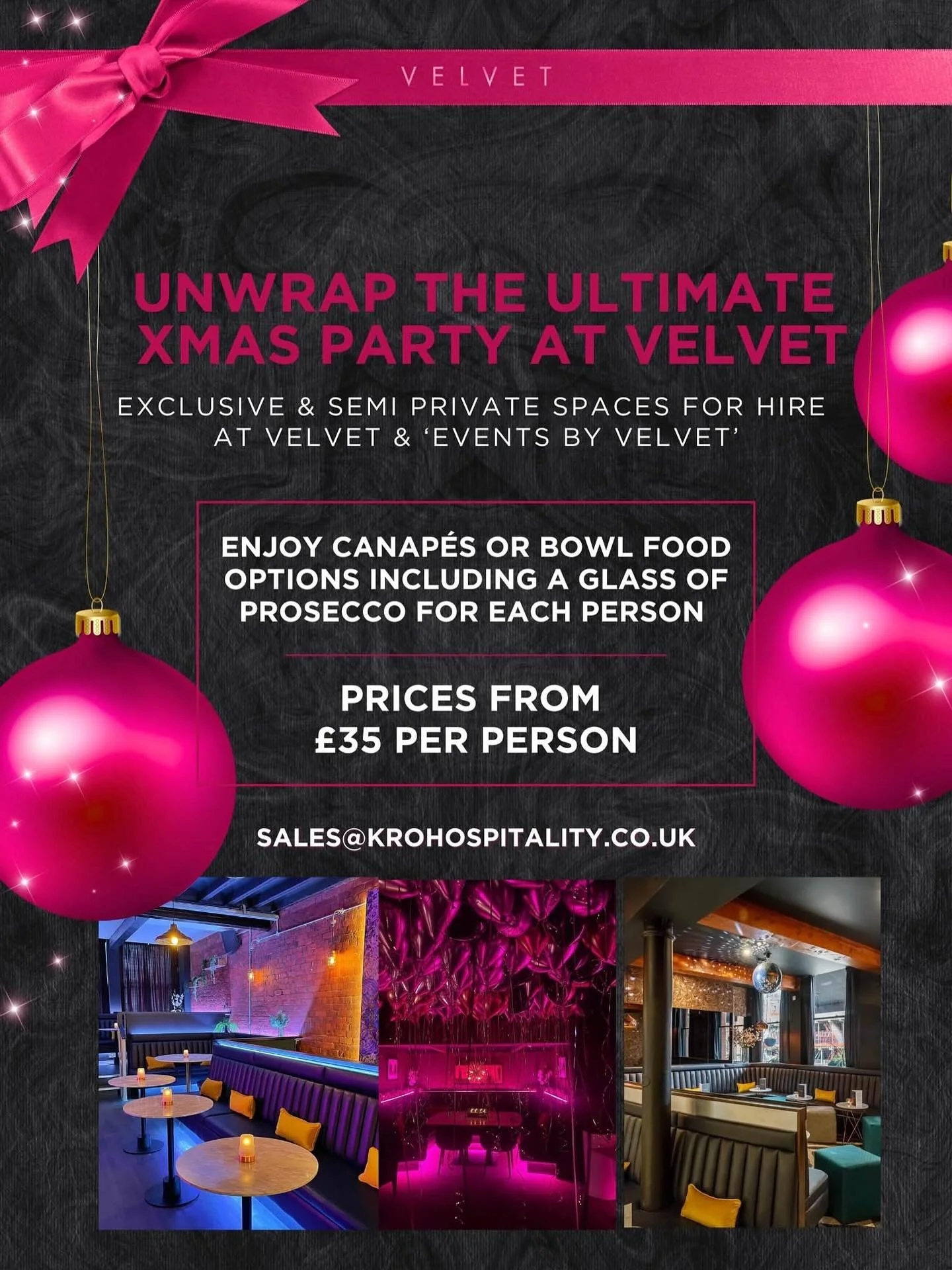 Your Christmas party, but make it Velvet 🎄✨ 

From the iconic No.1 Canal Street to our stylish restaurant space, we&rsquo;ve got the perfect backdrop for your festive celebrations. Kick things off with a glass of fizz on arrival, graze on canap&eacu