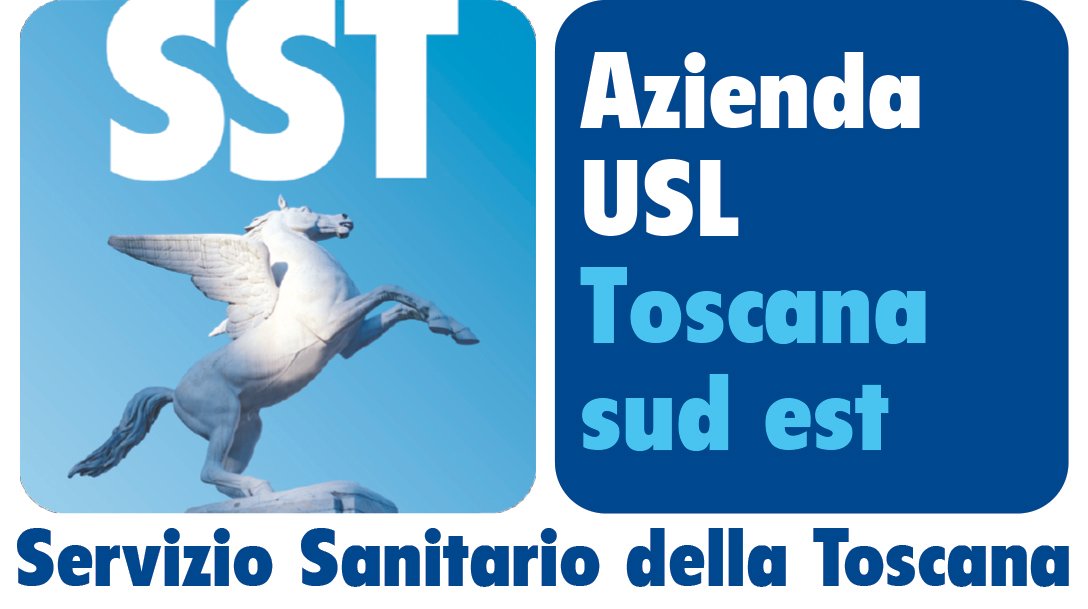 Logo dell'Azienda USL Toscana sud est con un cavallo alato in bianco e azzurro.