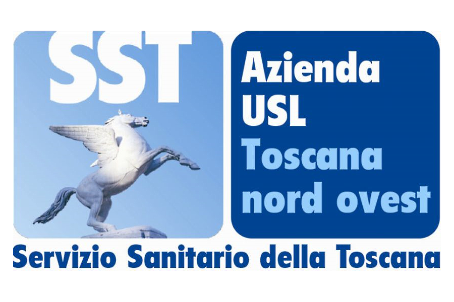 Logo dell'Azienda USL Toscana nord ovest, con testo e immagine di un cavallo con ali bianco