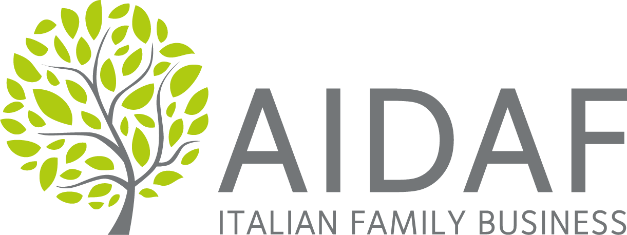 Logo con albero stilizzato verde e dicitura "AIDAF Italian Family Business".