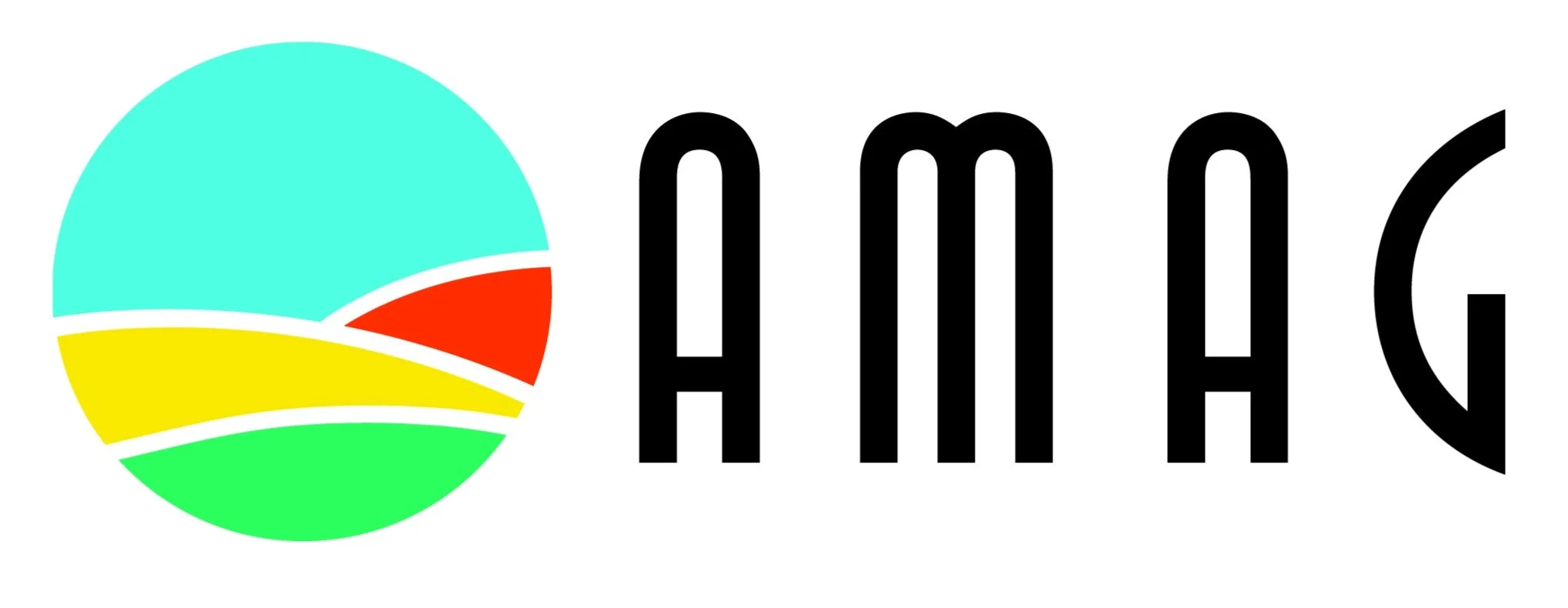 Logo con cerchio colorato e la scritta 'AMAG' in nero.