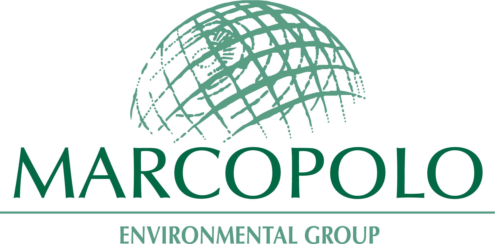 Logo dell'azienda Marcopolo di colore verde, con un design stilizzato di un globo terrestre sopra il nome, e la scritta 'ENVIRONMENTAL GROUP' sotto a linee orizzontali.