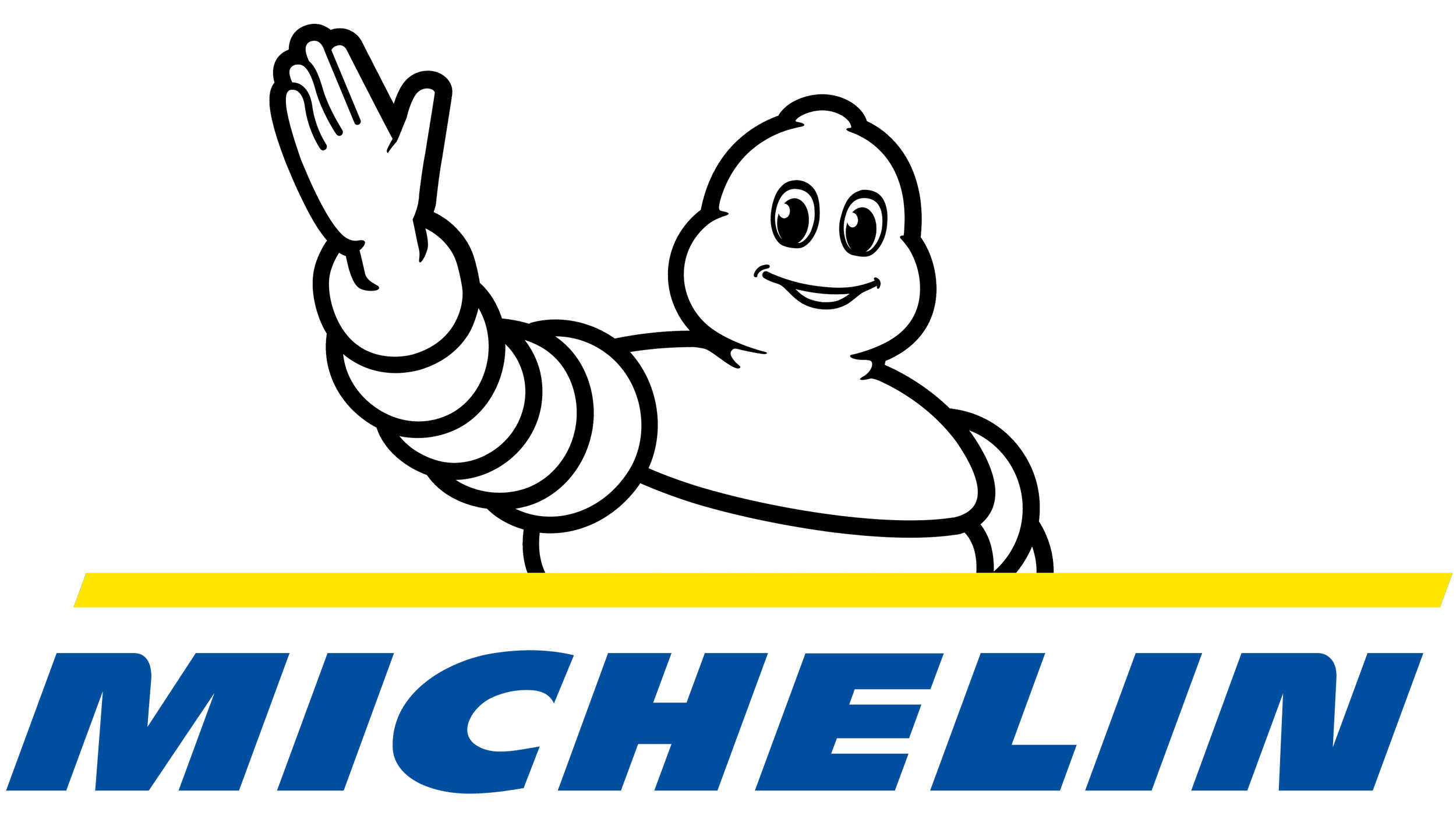 Il logo di Michelin con il Bibendum che saluta, sotto la scritta 'MICHELIN' in blu su sfondo nero.