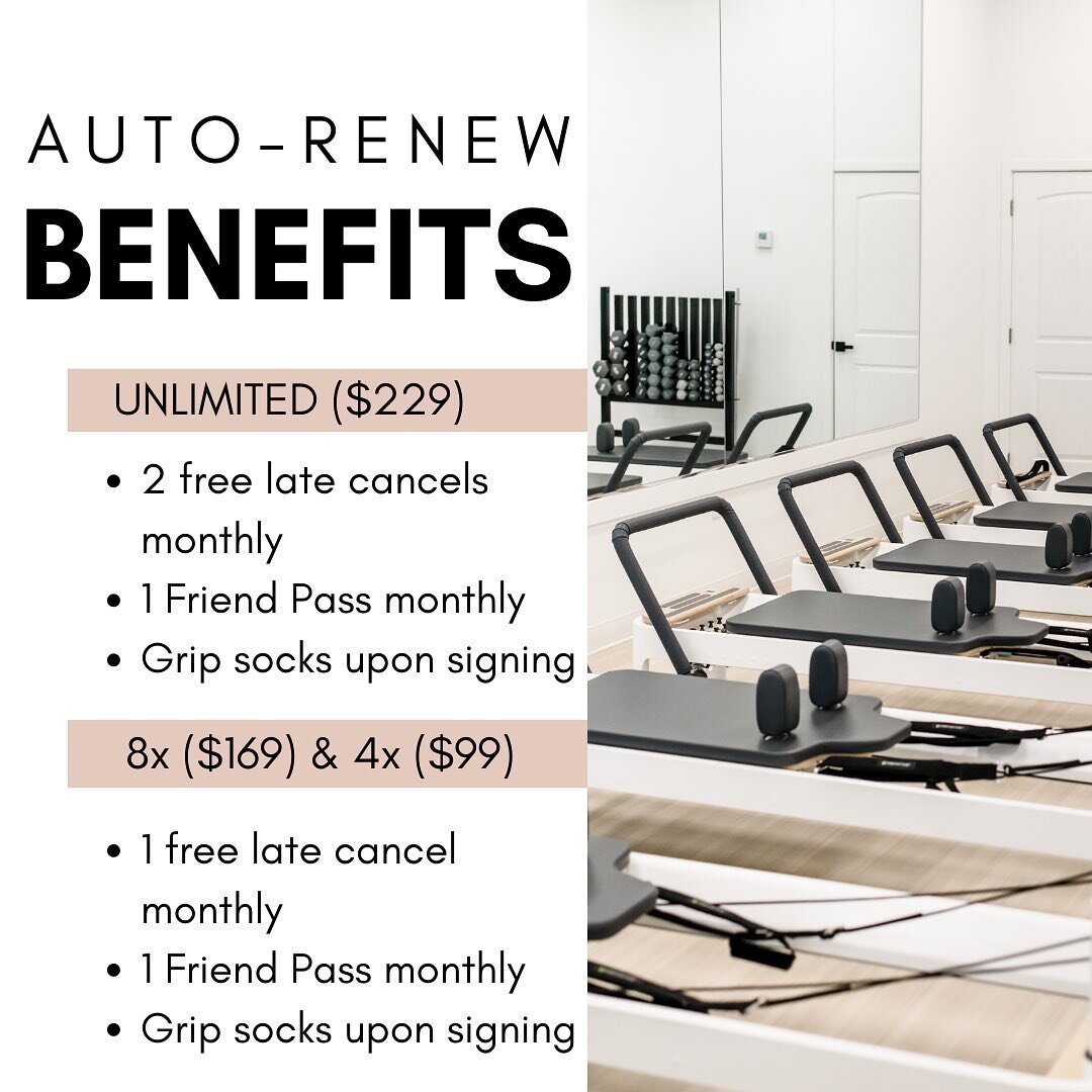 ✨NEW✨

We are rolling out the following benefits for those on an Auto-Renew contract:

✨Monthly Unlimited ($229)✨
▫️2 free late cancels a month
▫️1 friend pass a month 
▫️Free grip socks upon sign-up

✨8x &amp; 4x a month✨
▫️1 free late cancel a mont