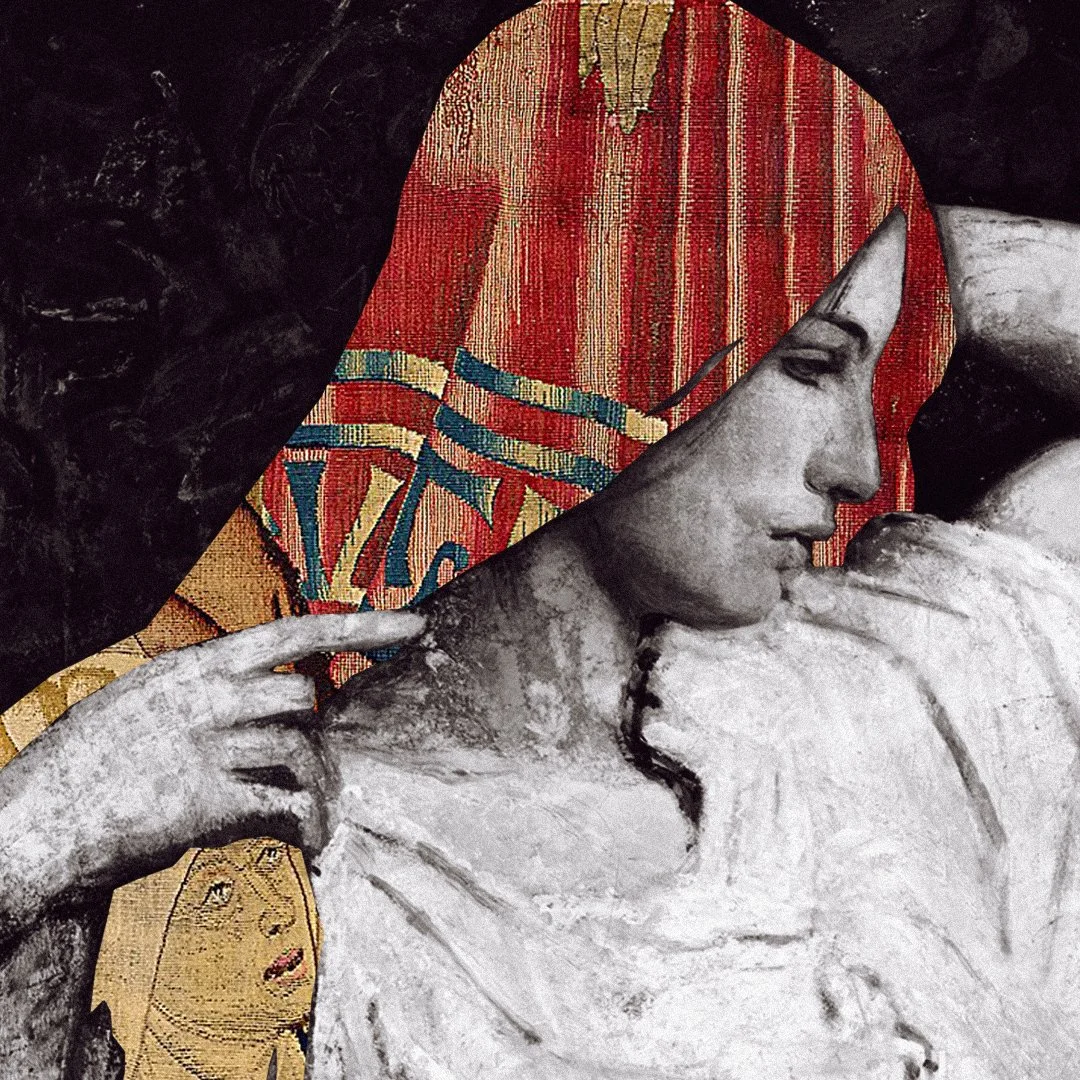 Close-up of a painting of a woman's profile with a serene expression, her eyes closed, focused on her hand leaning on her face, with a colorful patterned element in the background.