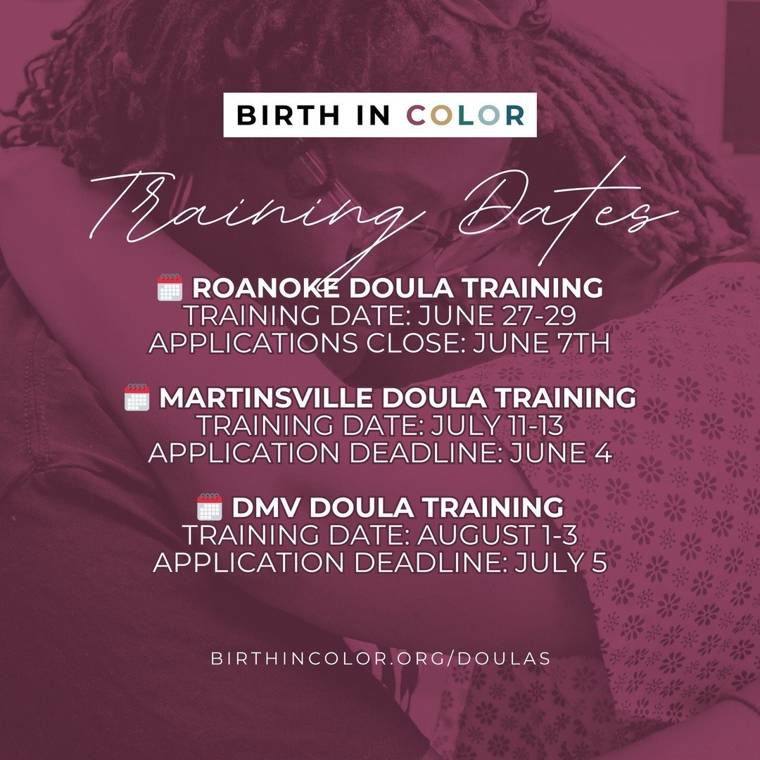 ⭐️ UPDATE: Roanoke training dates have been updated!

👉🏾 𝗔𝗕𝗢𝗨𝗧 𝗢𝗨𝗥 𝗣𝗥𝗢𝗚𝗥𝗔𝗠: Train to provide inclusive care to your community and become a certified doula today!

🔗 https://birthincolor.org/doulas

🌸 Our comprehensive training prog