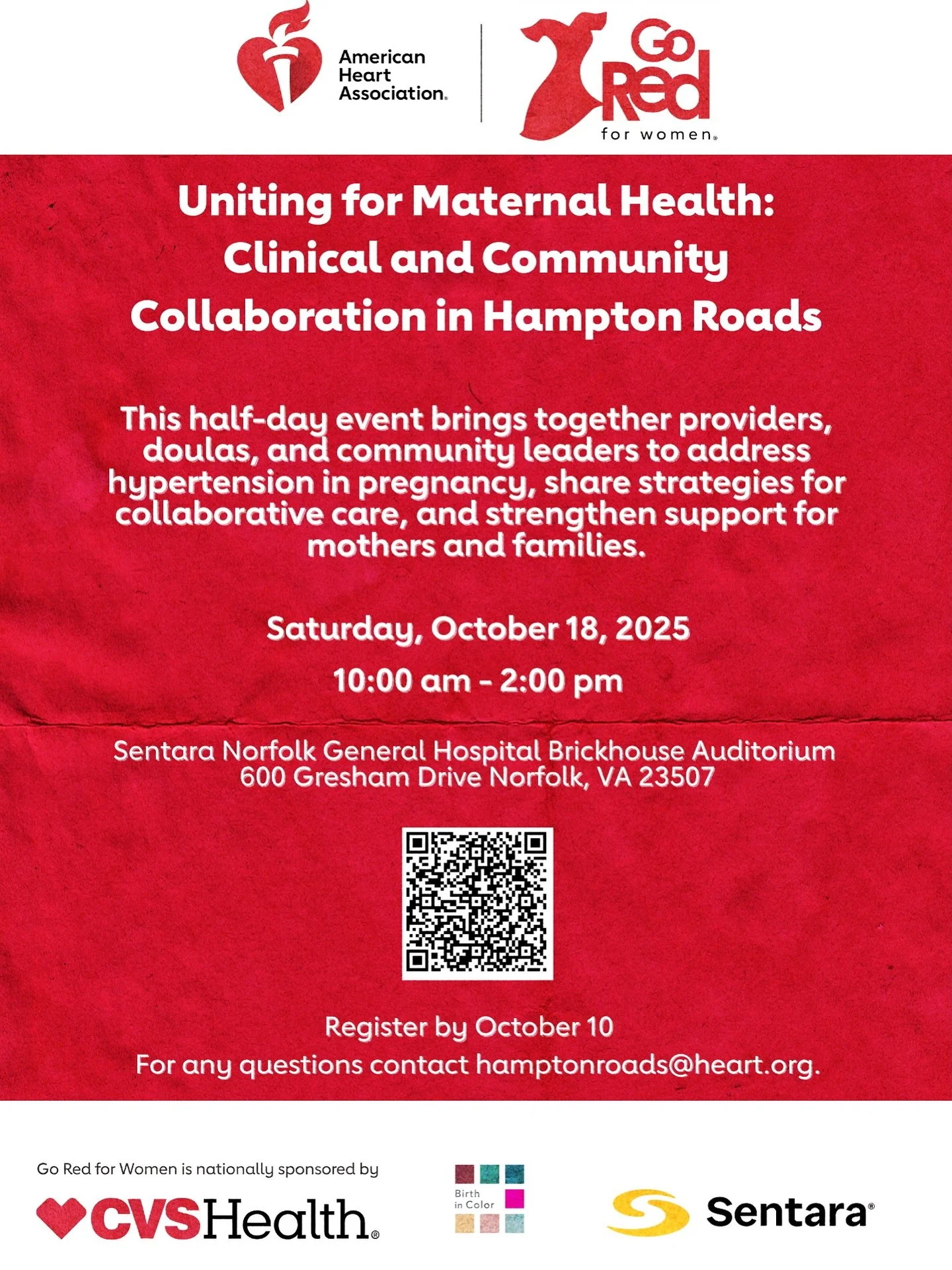 Join us in Hampton Roads for an essential conversation on maternal health. ❤️

📅 Saturday, October 18, 2025 
⏰ 10:00 am - 2:00 pm 
⭐️ Sentara Norfolk General Hospital Brickhouse Auditorium \
📍 600 Gresham Drive, Norfolk, VA 23507

The American Hear