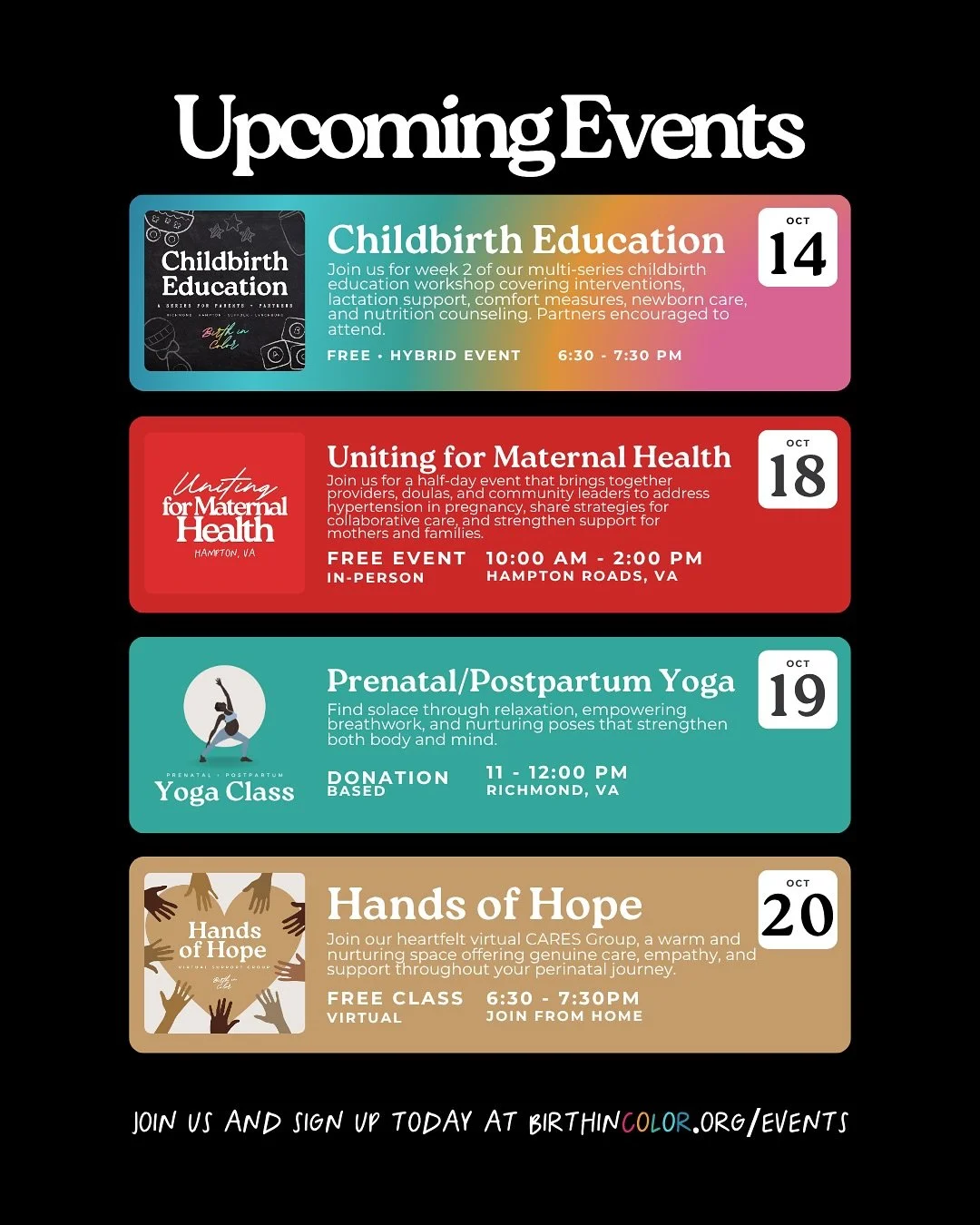 ✨🔗 New + expecting parents, advocates and leaders &mdash; RSVP today at http://birthincolor.org/events 

Also, don&rsquo;t forget to support our colorful mission THIS Nov. 8th for Birth in Color Anniversary Gala! Tickets are on sale and support our 