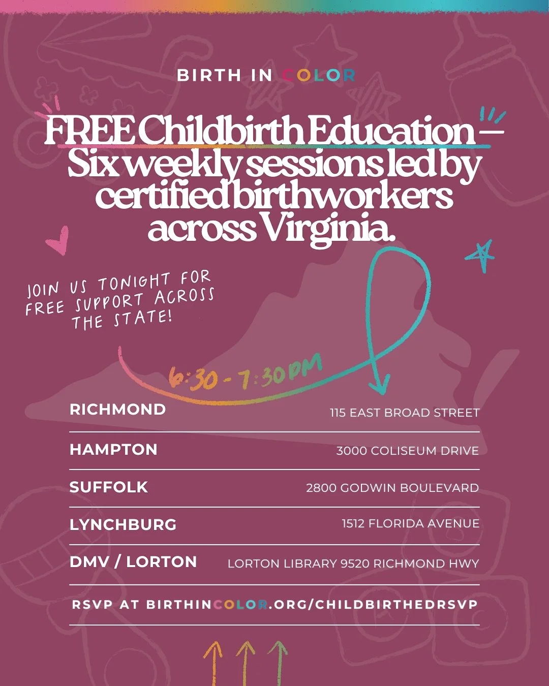🌟 TONIGHT - Join us for FREE Childbirth Education workshops across Virginia. 📚

🗓️ TUESDAY, 10/14
🕡 6:30 - 7:30 PM
🔗 RSVP: https://birthincolor.org/childbirthedrsvp

🍎 ABOUT THE SERIES
Birth in Color offers FREE, comprehensive childbirth educat
