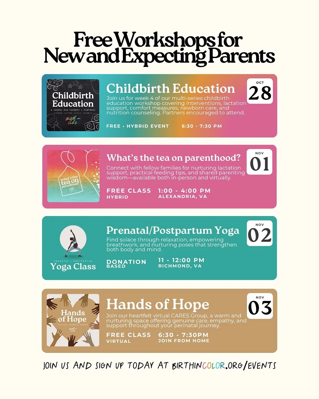 🤰🏽 Preparing for birth? Navigating postpartum? Just need community that gets it?

We&rsquo;ve got you. FREE workshops and support groups all November long; in-person, virtual, and hybrid.

RSVP here 👇🏽
🔗 birthincolor.org/events