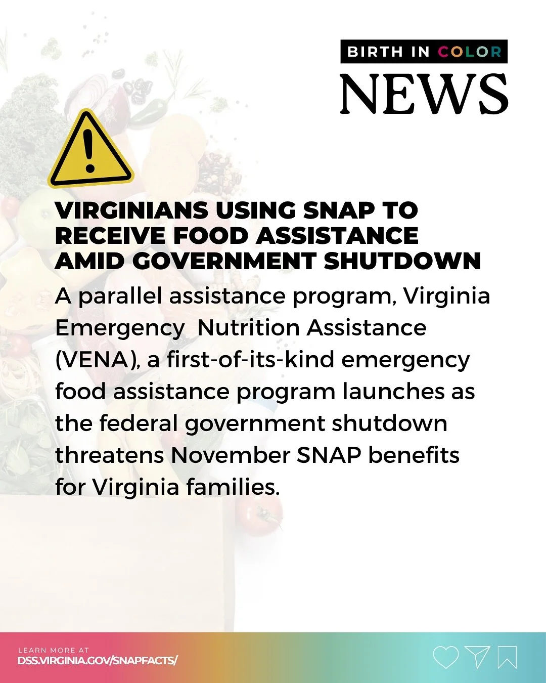 📣 Virginia launches VENA, a first-of-its-kind emergency food assistance program to replace November SNAP benefits during the federal shutdown. Benefits begin Nov. 3 with weekly distributions to existing EBT cards. $1 million in emergency funding goe