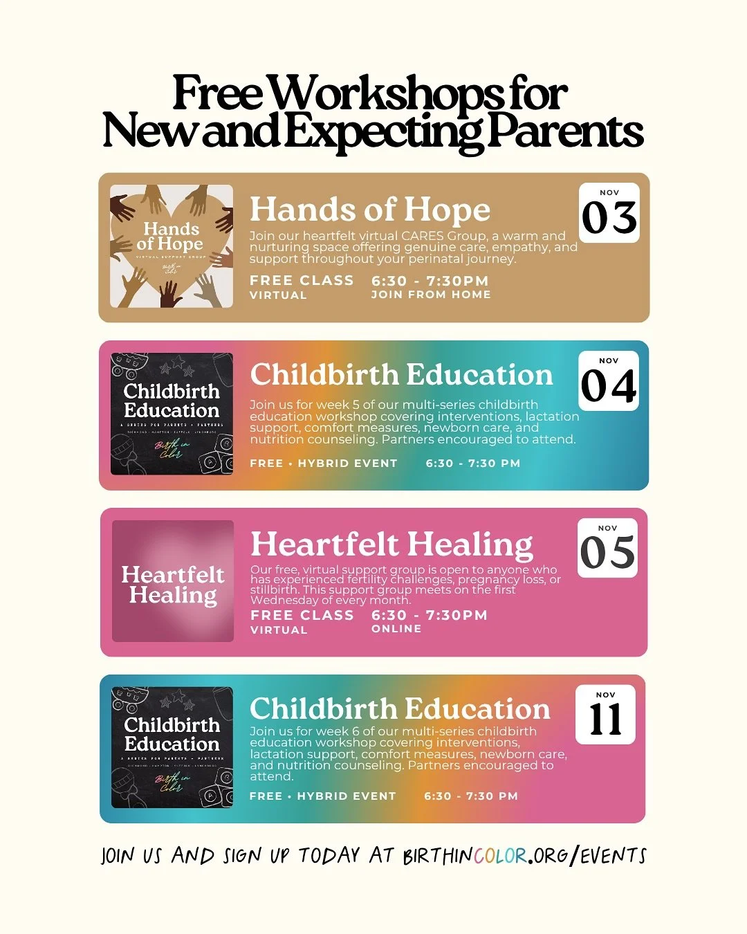 🌈 Join us for FREE workshops + support groups; in-person, virtual, and hybrid &mdash; all created and led by certified birth workers who believe in inclusive and safe spaces for all. 

RSVP here 👇🏽
🔗 birthincolor.org/events