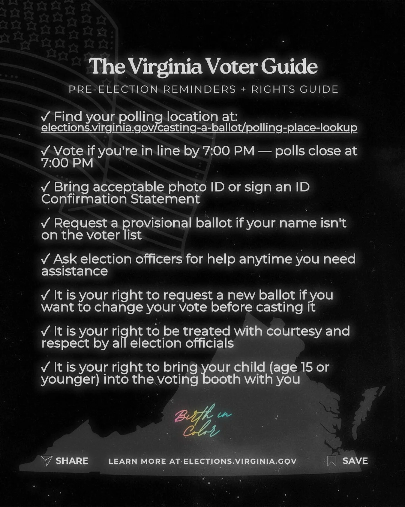 🗳️ VIRGINIA &mdash; TOMORROW IS ELECTION DAY

Polls close at 7 PM, but if you&rsquo;re in line by 7, you STILL get to vote. Period.

📍 Find your polling location: 
elections.virginia.gov/casting-a-ballot/polling-place-lookup

Your vote matters! 
Yo
