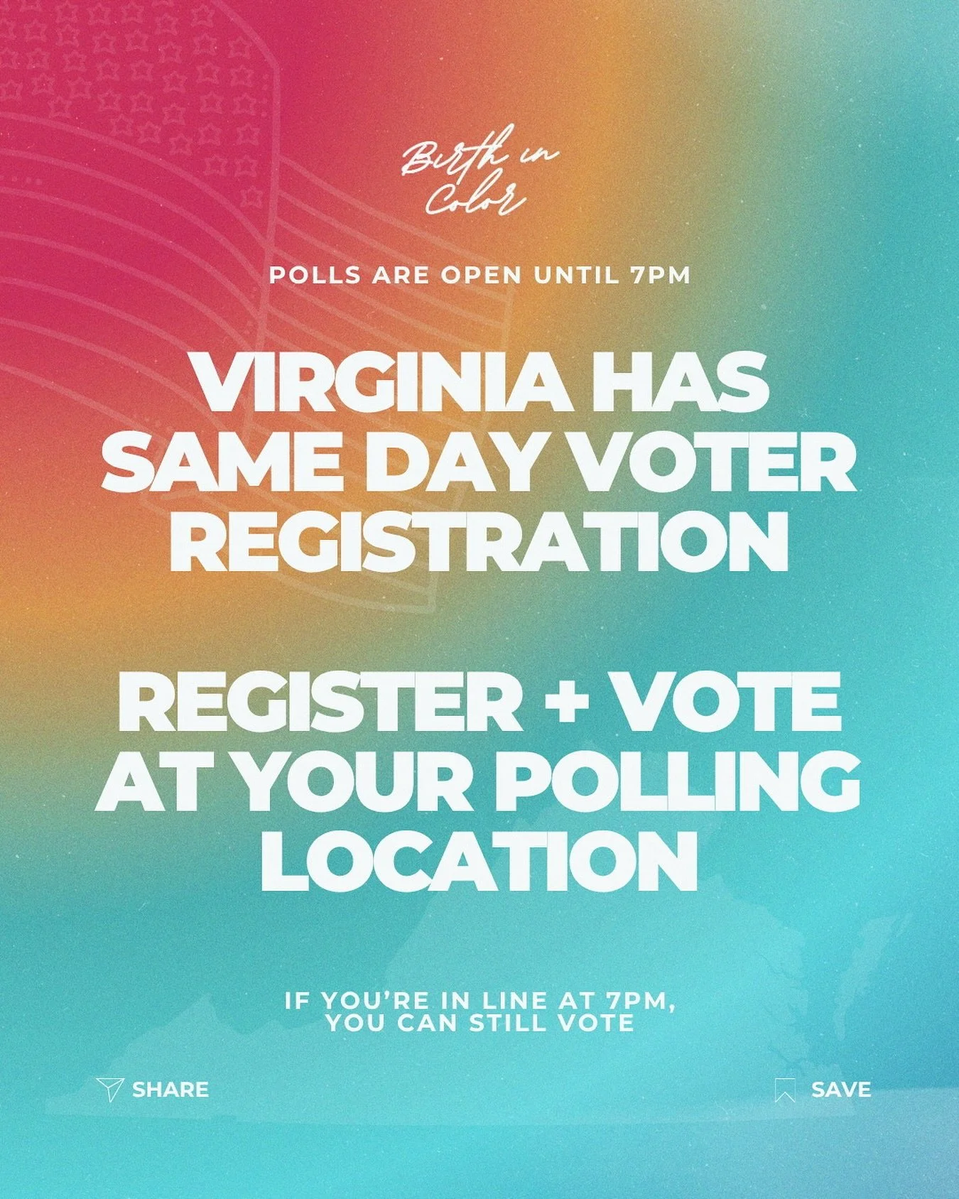 🚨 IT&rsquo;S GO TIME, VIRGINIA

RIGHT NOW. Polls are OPEN and Virginia has SAME DAY VOTER REGISTRATION.

Not registered? No problem.

Show up to your polling location, register, and vote TODAY.
In line at 7 PM? You&rsquo;re still able to vote! DON&r