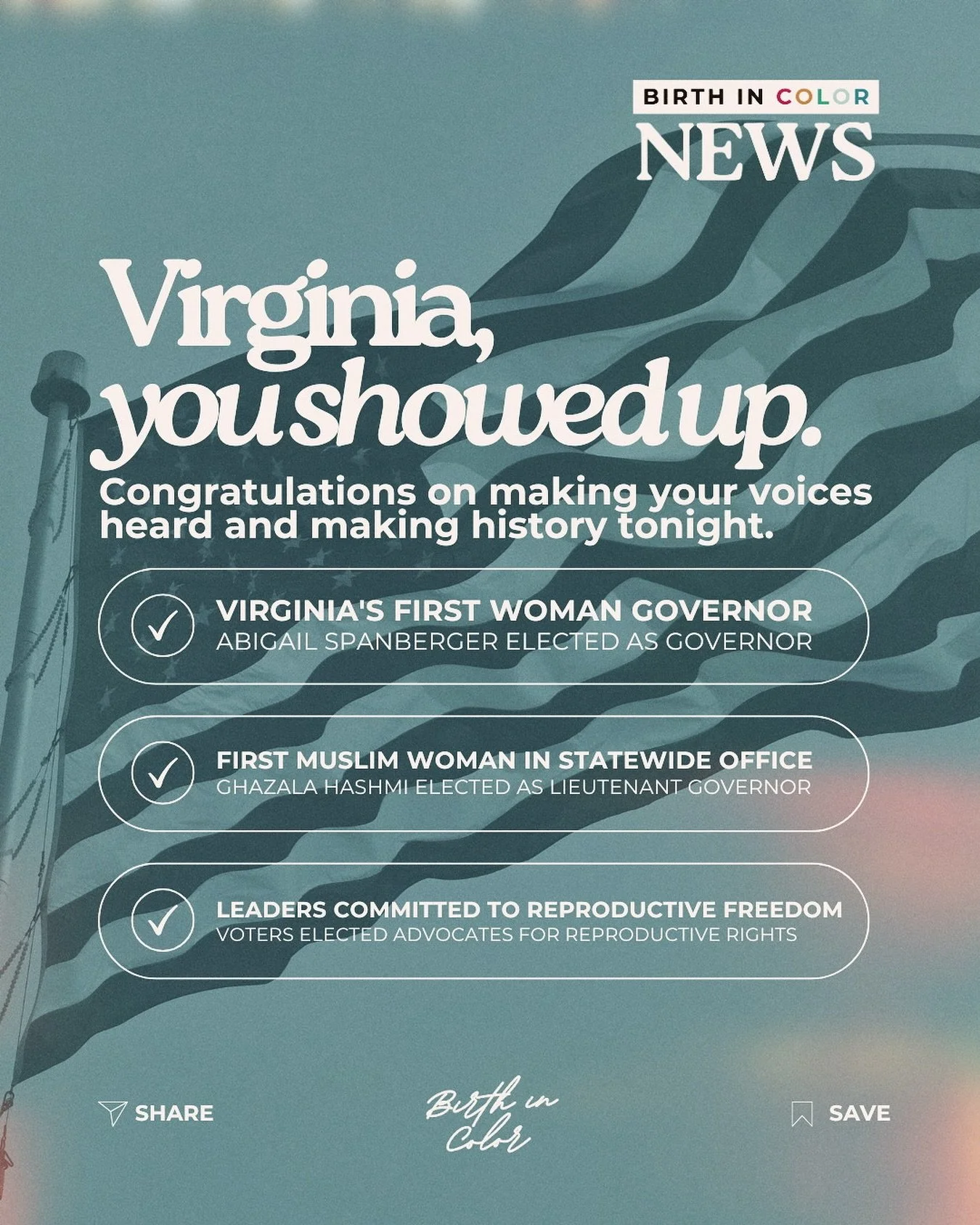 ⭐️ Virginia, you showed up when it mattered most.

Thank you for showing up for yourselves, your families, your community. 

With maternal mortality rates at crisis levels and reproductive health freedom under threat, you voted for leaders who will s