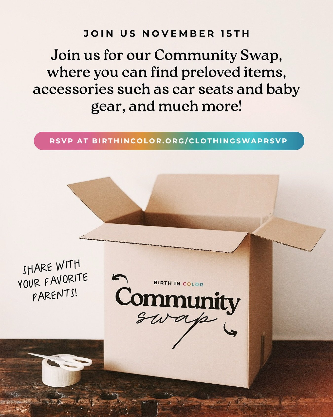 📣 RVA! Our Community Clothing + Baby Swap is back

November 15th | 12-3 PM
115 E Broad Street

Bring what you can. Take what you need. 💕

ABOUT THE EVENT
Each family brings up to 2 medium bags of gently used kids&rsquo; items&mdash;clothing, toys, 
