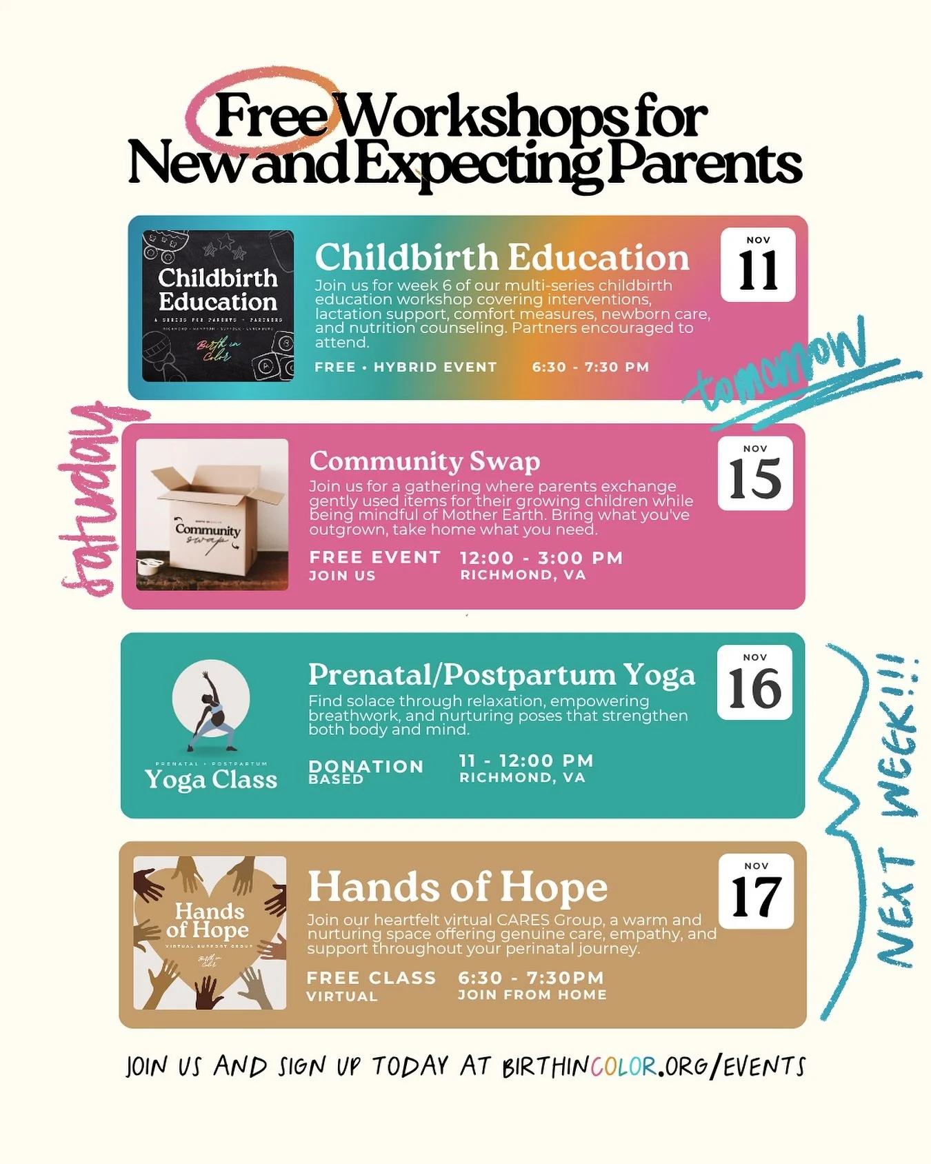 🤰🏽 Prenatal + Postpartum workshops should be made with you &mdash; and your neighbor in mind. 

Preparing for birth? Navigating postpartum? Just need community that gets it?

We&rsquo;ve got you. FREE workshops and support groups all November long;