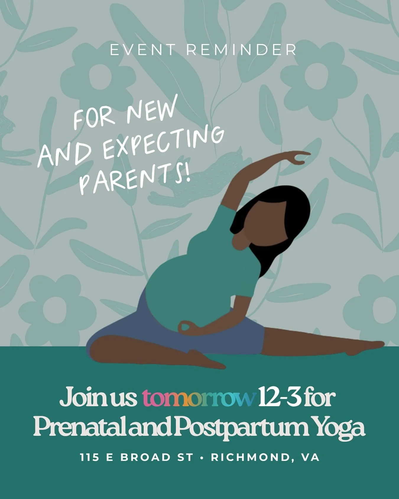 🧘🏽&zwj;♀️ TOMORROW: Prenatal + Postpartum Yoga

Sunday, 11/16 | 11:00 AM - 12:00 PM
📍 Richmond: Birth in Color, 115 E. Broad St.

🔗 Register now:
https://birthincolor.org/yogarsvp

Pregnancy puts a lot on your body. low back pain, sciatica, swell