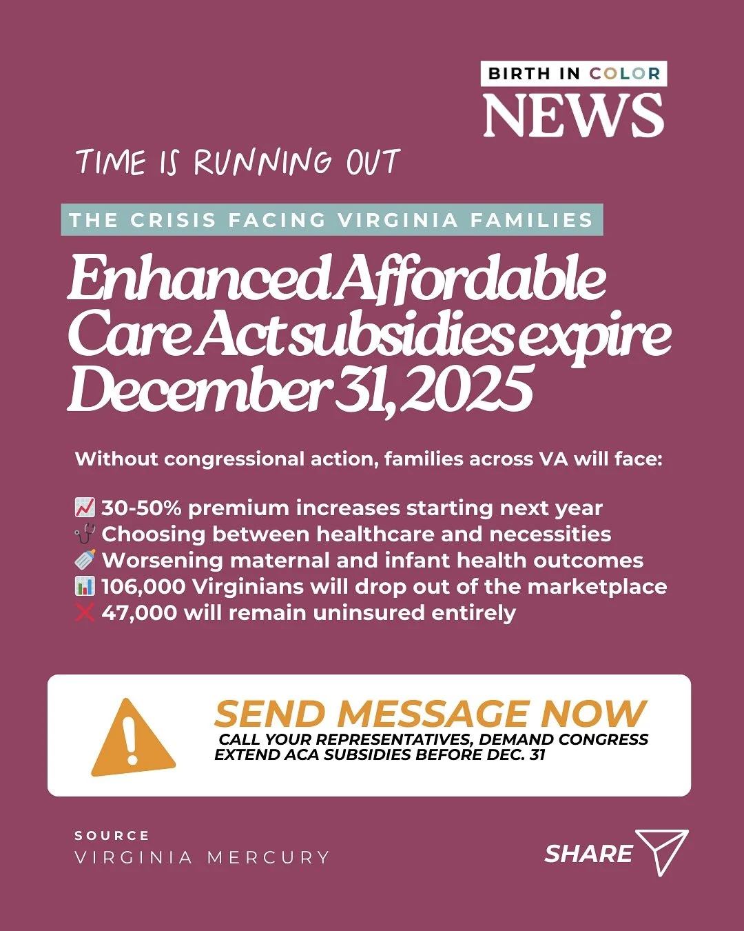 🚨 December 31st. That&rsquo;s when ACA subsidies expire and 106,000 Virginians lose coverage.

Premiums could jump 30-50% leading families to choose between healthcare and rent - a choice that could be entirely avoided.

TAKE ACTION
📞 Call your rep