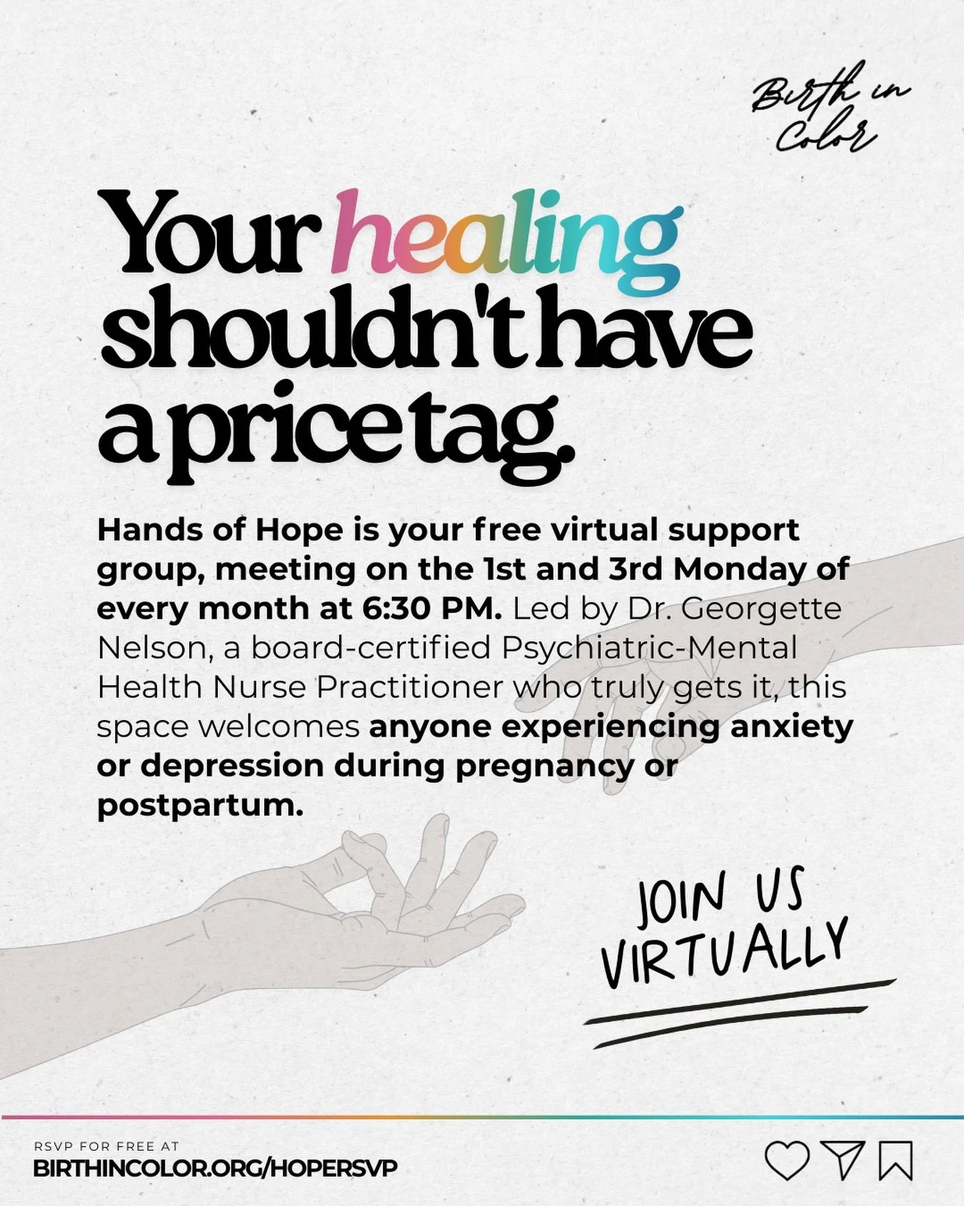 🫶🏽 Community means you never pay for a safe space to heal. 

Therapy costs $150+ per session. 
Insurance denies mental health claims. 
Postpartum support groups charge membership fees. 
𝑵𝒐𝒕 𝒉𝒆𝒓𝒆.

Hands of Hope is our FREE virtual support gr