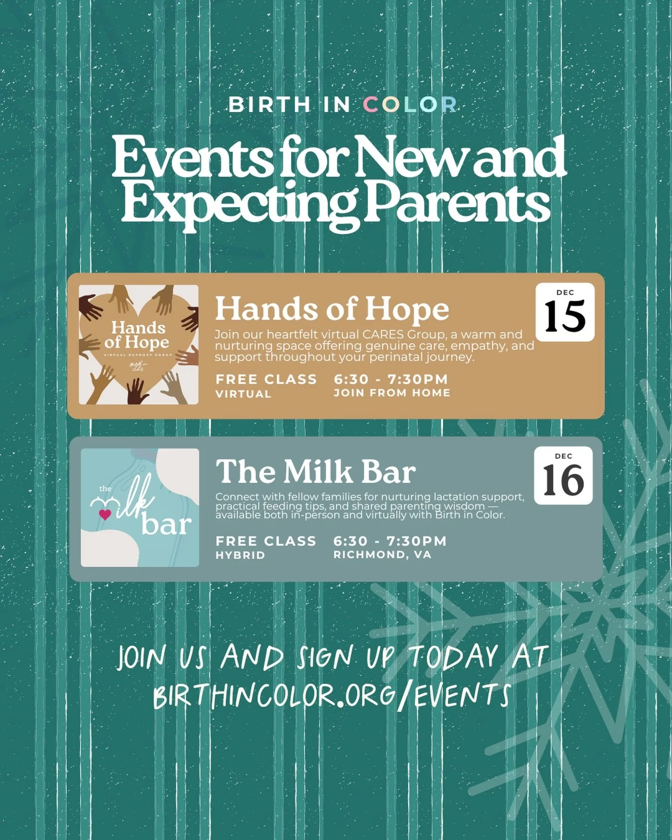 ✨ NEXT WEEK - Two FREE workshops for new and expecting parents!

We&rsquo;re here for you with support spaces designed to nourish your mind, body, and feeding journey.

🗓️ MONDAY, 12/15 | 6:30-7:30 PM
💕 HANDS OF HOPE VIRTUAL CARES GROUP

A safe spa