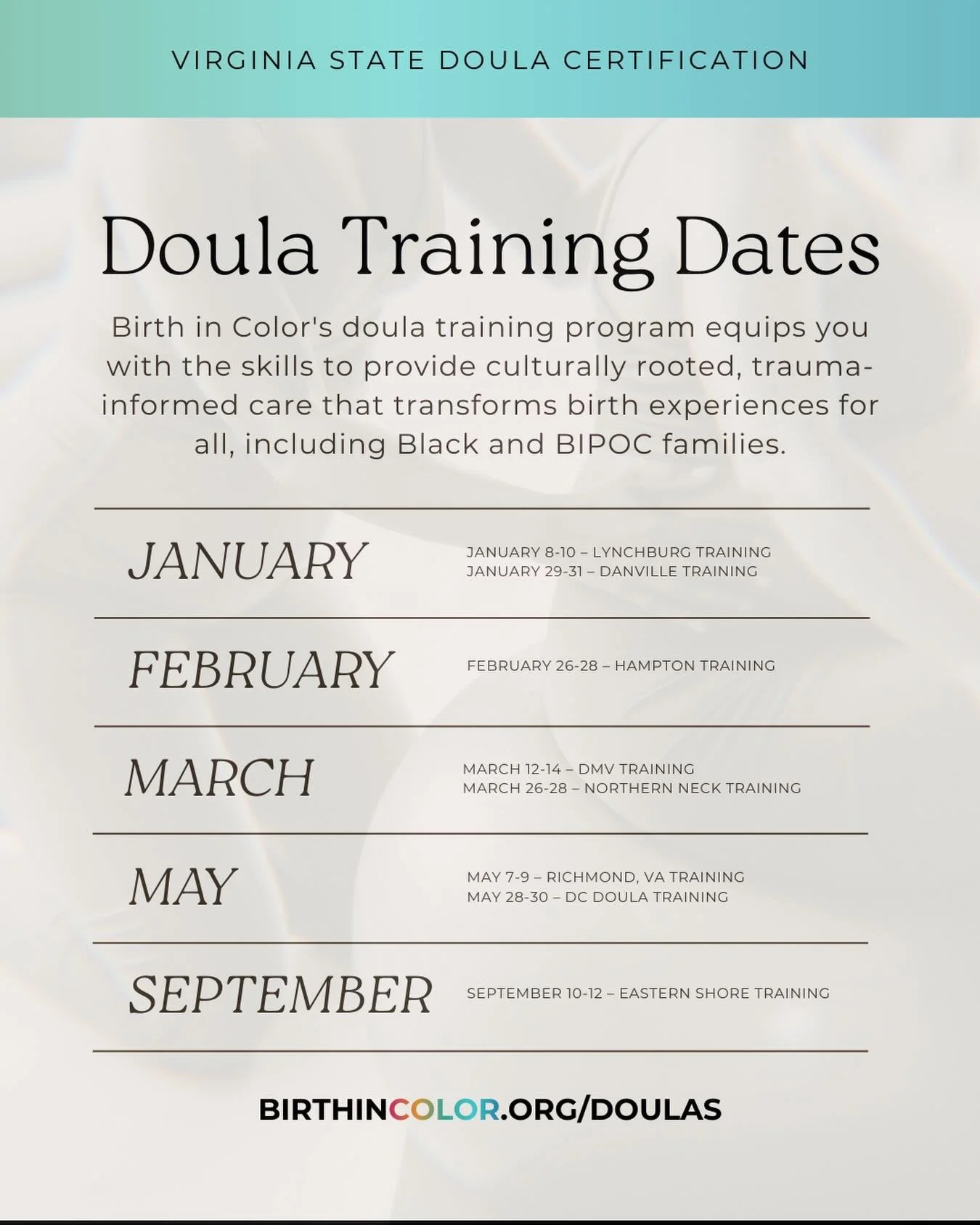 ✨ @birthincolor&rsquo;s 2026 Doula Training registration is open for applications across Virginia, DC, and the DMV. 

Whether you&rsquo;re exploring birth work for the first time or a healthcare professional wanting to deepen your skills, our three-d